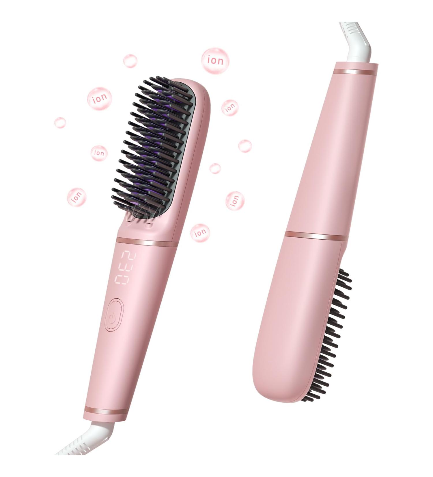 Ionic Hair Straightening Brush | Portable Hot Comb with 450M Negative Ions | Fast Heat-Up Safe Auto-Off & Dual Voltage | Perfect for Travel & Home (Pink - Buy Online on GoSupps.com