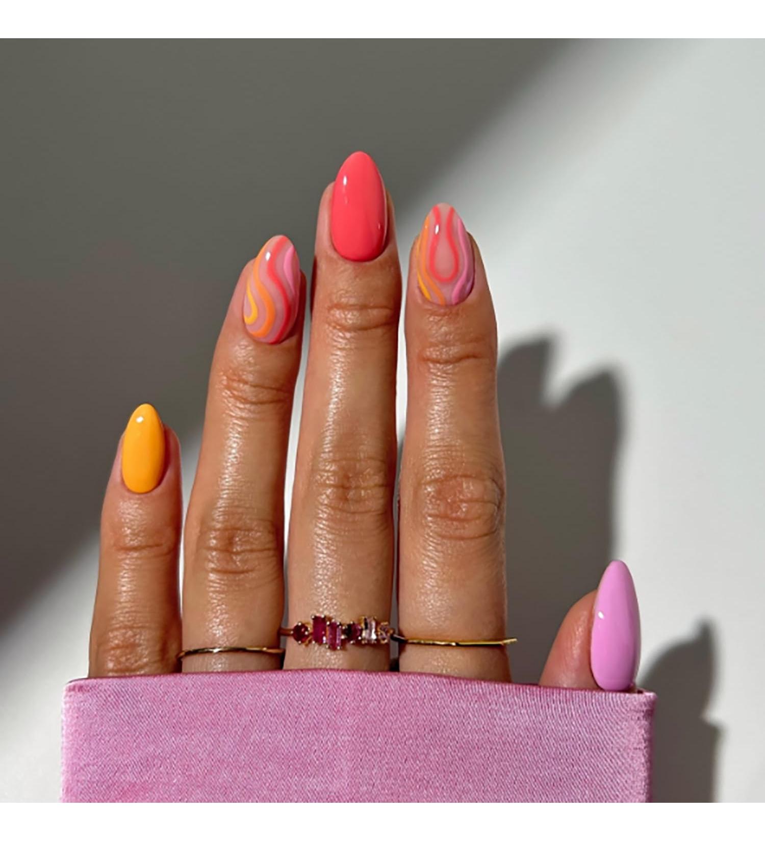 24 Pcs Cute Short Press on Almond Nails - Colorful Candy Design | False Acrylic Nails for Women & Girls - Full Cover Nail Decor - Buy Online on GoSupps.com