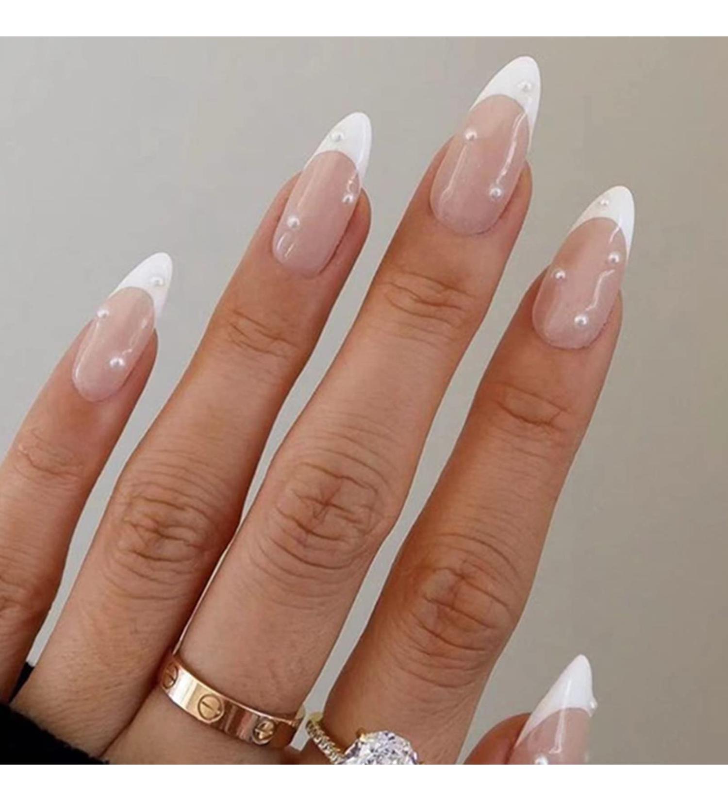 French Pearl White Tip Press-On Nails - Medium Length 24pcs Almond False Nails with Glue for Women & Girls - Buy Online on GoSupps.com