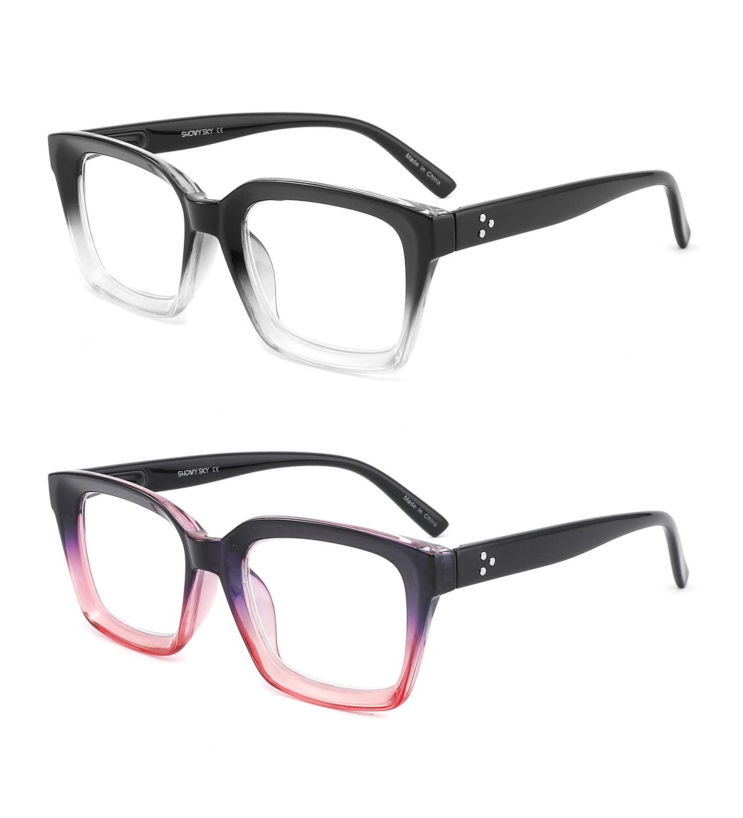 Retro Oversized Blue Light Blocking Reading Glasses for Women - Oprah Style Large Thick Frame with Spring Hinge - Black/Transparent + Purple/Pink 2.25 - Buy Online on GoSupps.com
