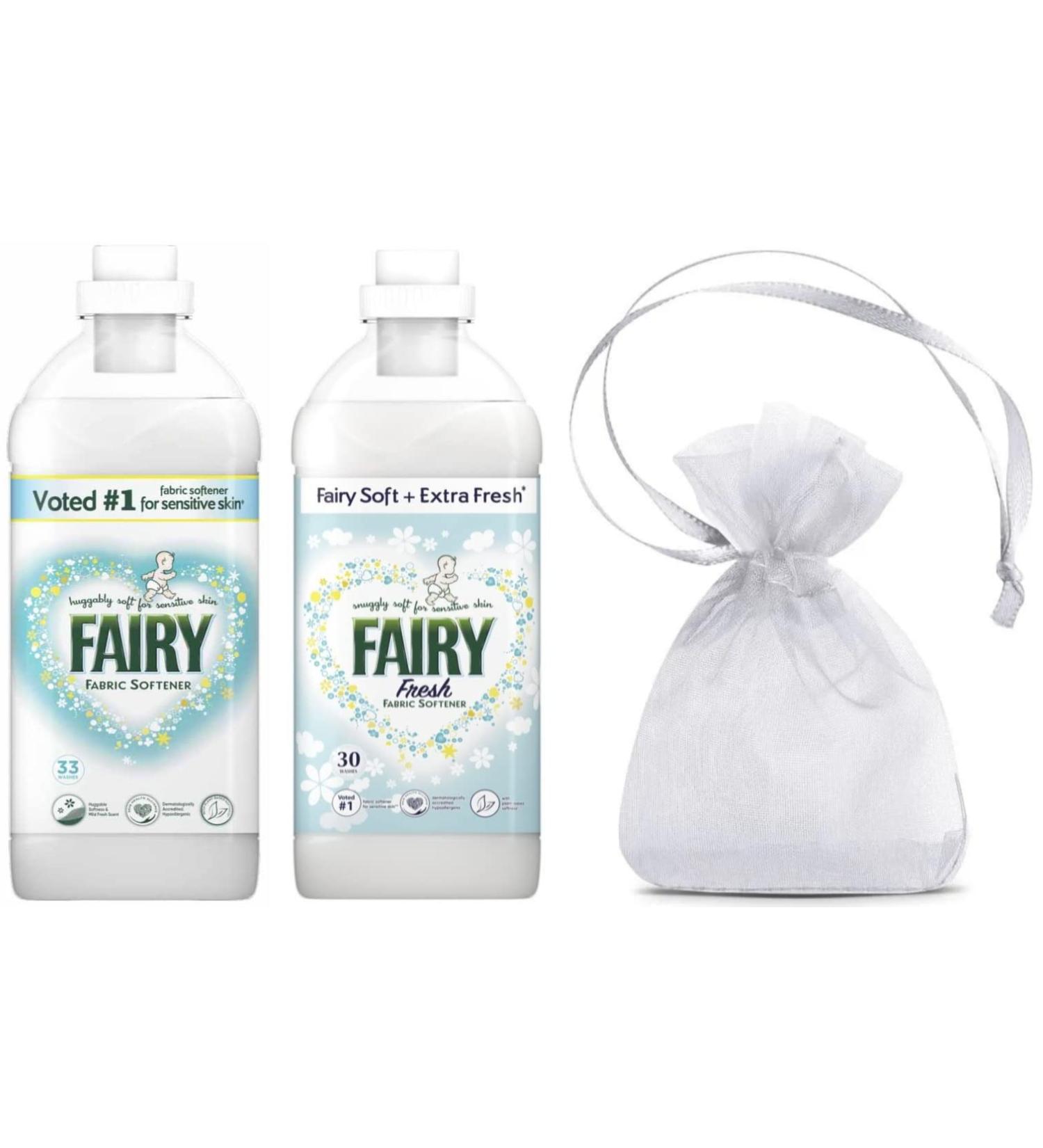 Fairy Fabric Conditioner Huggably Soft for Sensitive Skin Bundle: Original Fabric Softener 33 Washes 1.155L + Fresh Fabric Softener 30 Washes 1.05L + Our Gift for You: Organza Bag Size 9x7x0.1cm - Buy Online on GoSupps.com