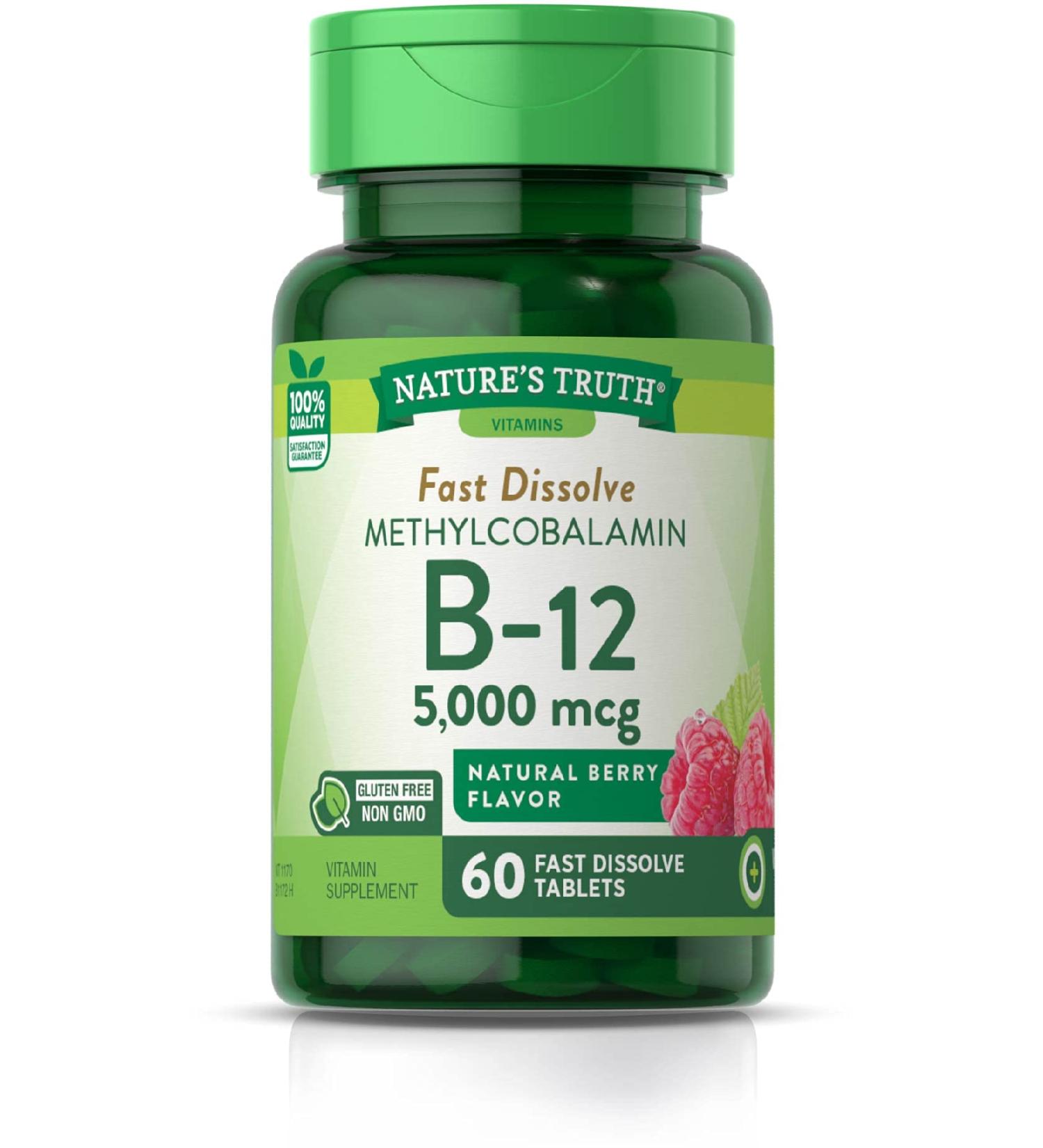 Nature's Truth B12 Vitamin 5000 mcg Fast Dissolve Tablets - Natural Berry Flavor | Vegetarian, Non-GMO, Gluten Free - Buy Online on GoSupps.com