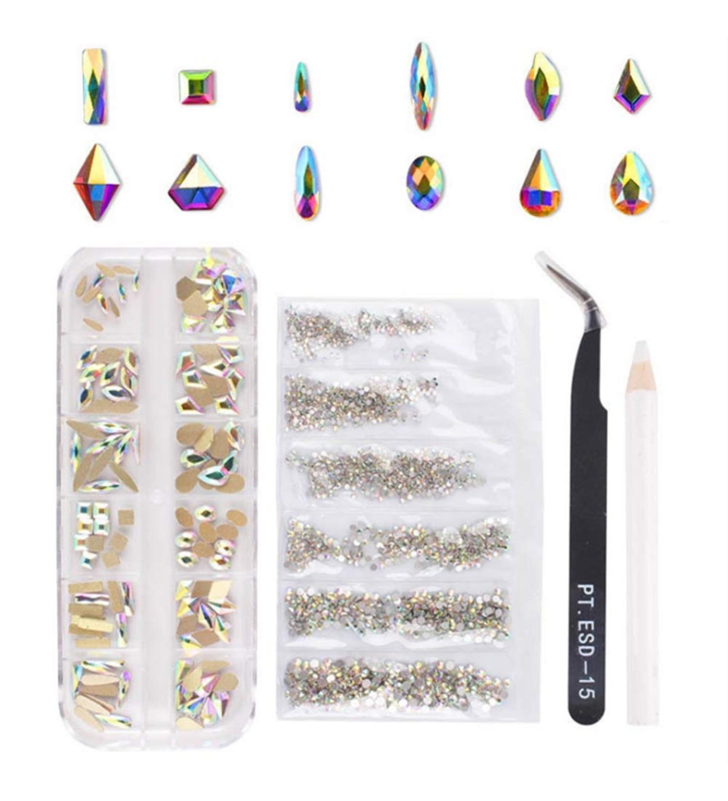 Desikixudy Nail Art Set Irregular Crystal Diamond Round Rhinestones Flat Bottom Curved Black Tweezer Nipper Wax Dotting Pen Tools - Buy Online on GoSupps.com