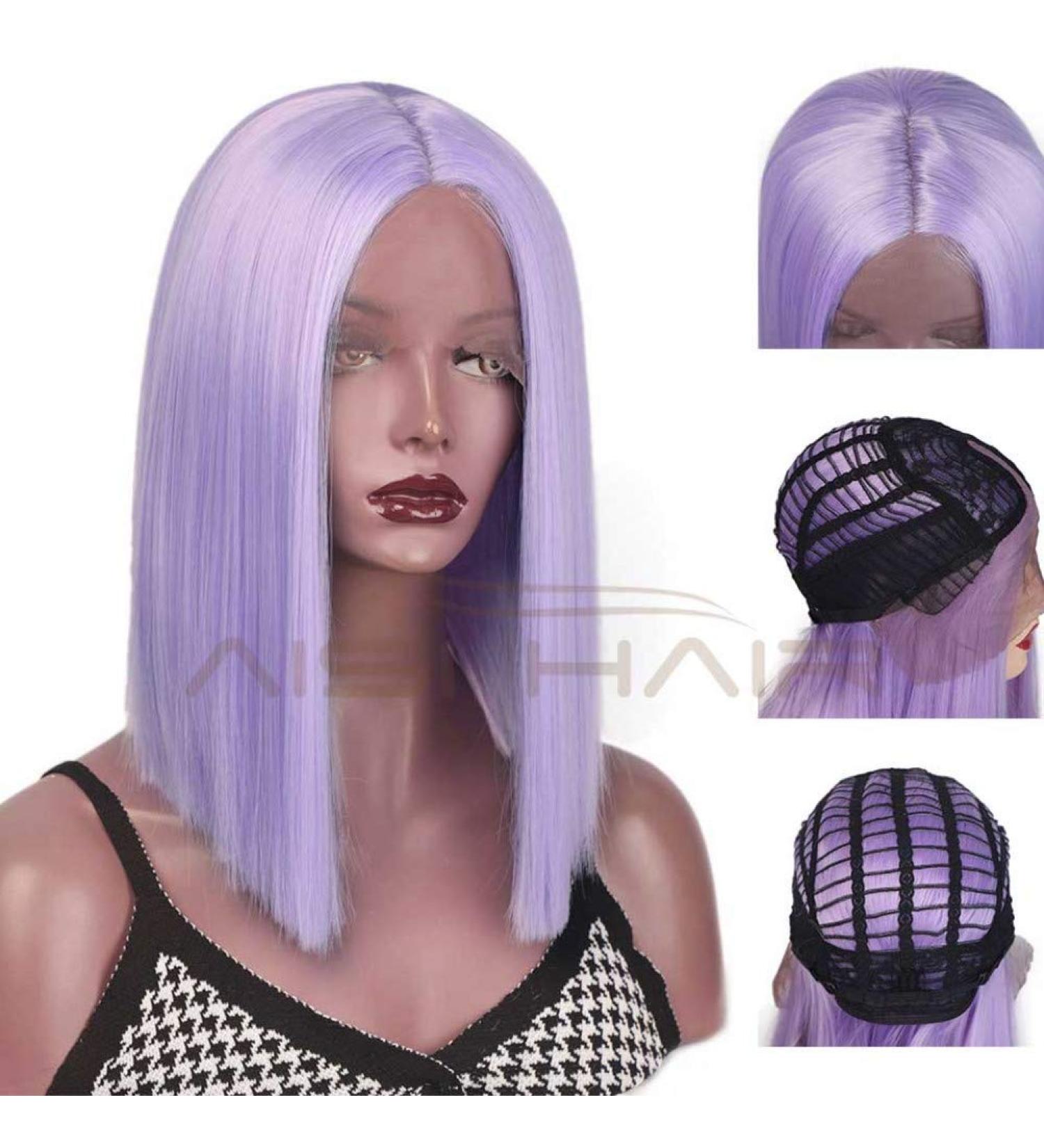 HBINGBING Purple Short Straight Lace Front Wig | Synthetic Middle Part Bob Wig for Women - Natural Look & Comfort - Buy Online on GoSupps.com
