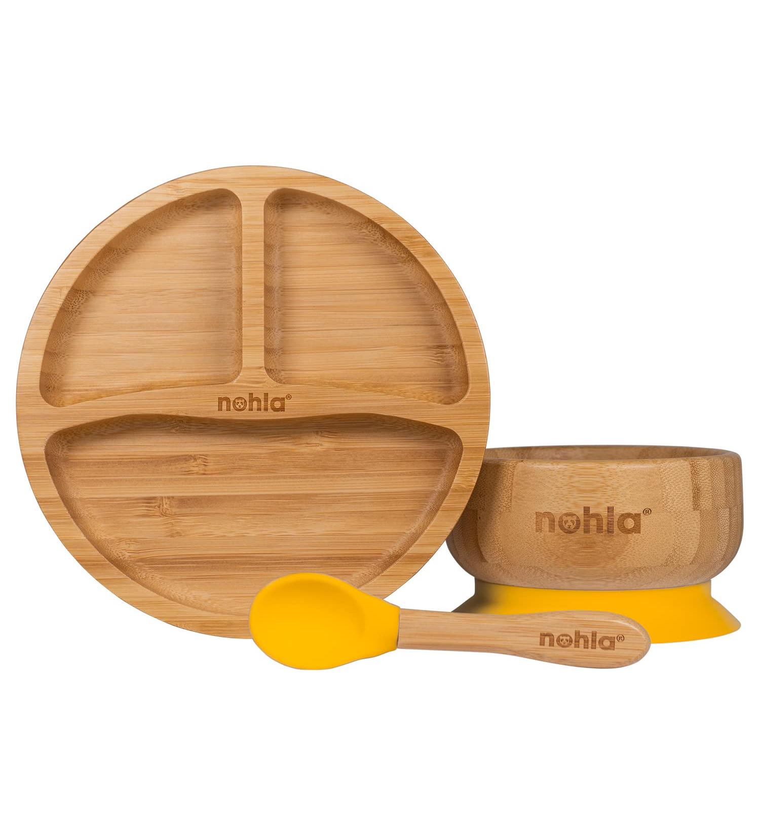 Nohla Bamboo Baby & Toddler Suction Plate Bowl Set | Eco-Friendly BPA-Free Weaning Set with Silicone Spoon | Secure Suction Ring for Smooth Surfaces - Yellow - Buy Online on GoSupps.com