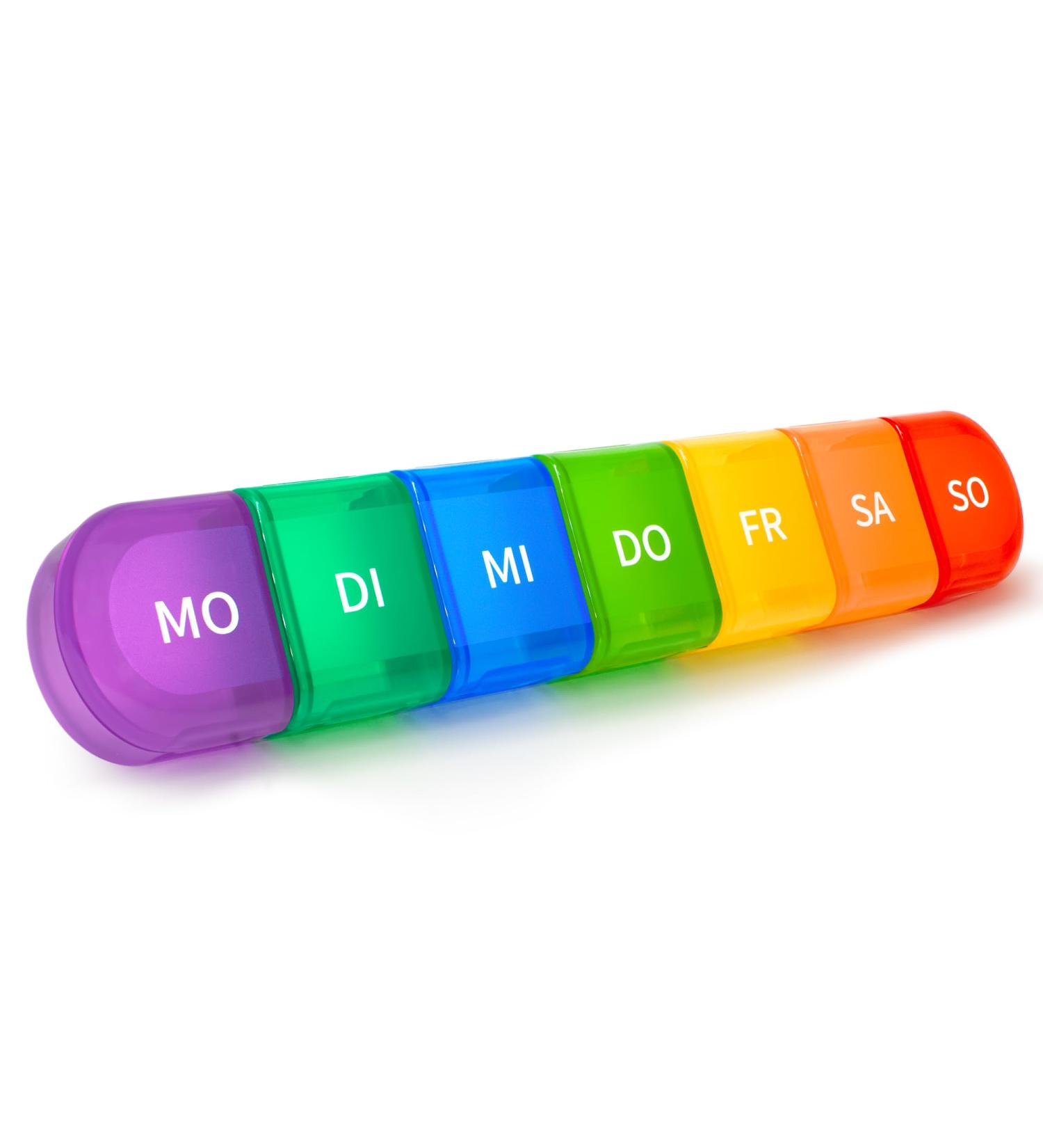 Rainbow 7-Day Tablet Box | Pill Organizer with 7 Divisible Compartments | Handy Moisture-Resistant Medication Storage for Travel - Buy Online on GoSupps.com