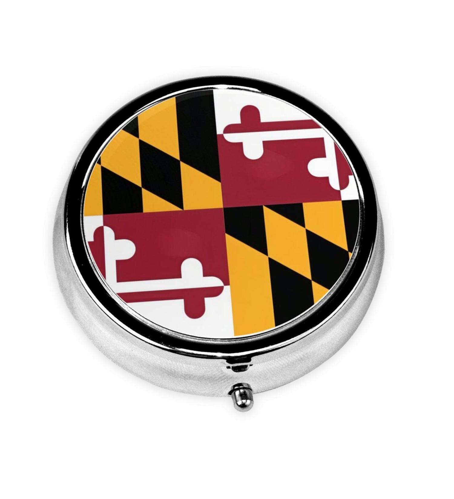 Portable Maryland Flag Metal Pill Box - Round Mini 3-Compartment Design for Travel & Small Pills - Buy Online on GoSupps.com