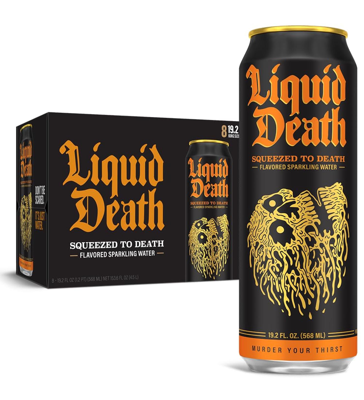 Liquid Death Squeezed To Death Sparkling Water 8-Pack - Orange Flavored Low Calorie & Low Sugar - 19.2oz Cans for International Shipping - Buy Online on GoSupps.com