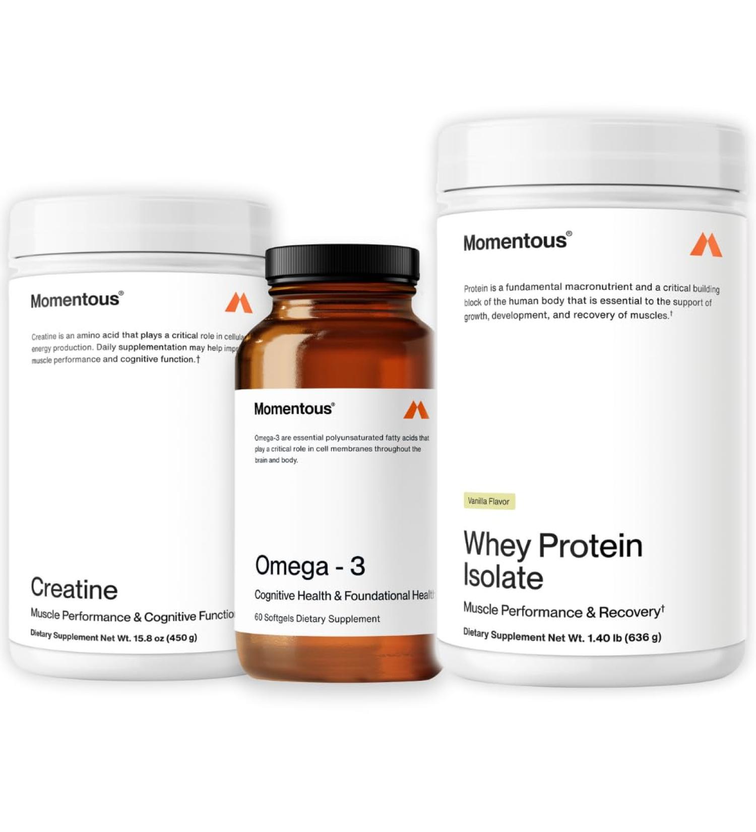 Momentous Three - Creatine Monohydrate Powder (90 Servings) Grass-Fed Whey Protein Powder (Vanilla) & Omega-3 Fish Oil 1600mg - Daily Essentials for Strength Performance & Lean Muscle Recovery - Buy Online on GoSupps.com