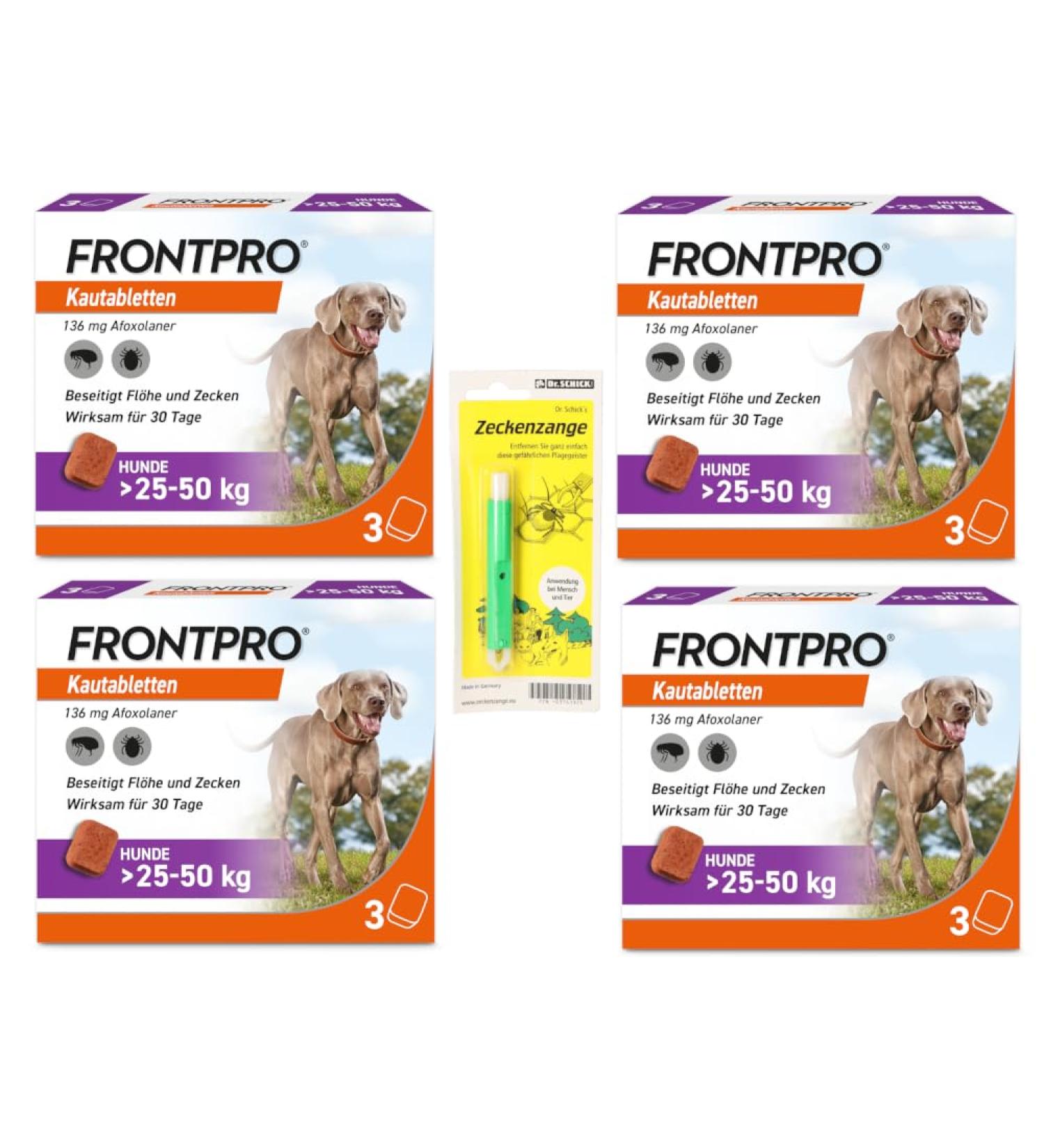 FRONTPRO Chewable Tablets for Dogs 25-50 kg | 12-Month Tick & Flea Protection Set with Tweezers - Shop Now! - Buy Online on GoSupps.com