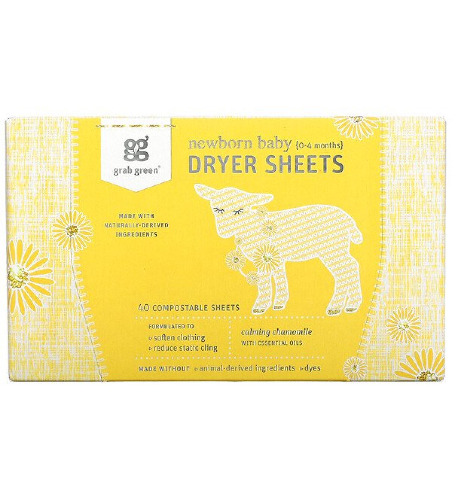 Grab Green Newborn Baby Dryer Sheets 0-4 Months Calming Chamomile 40 Sheets