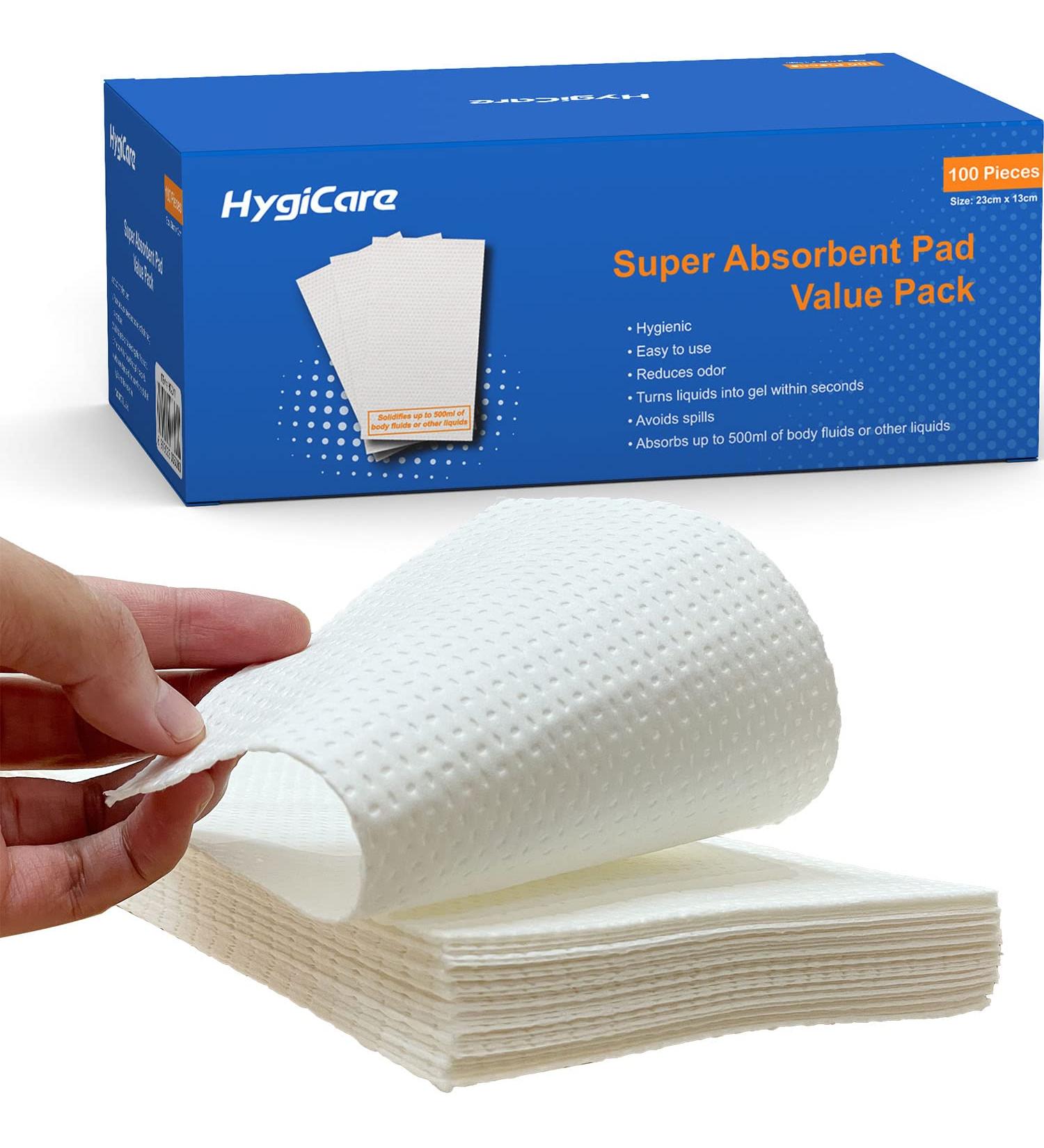 HygiCare Super Absorbent Pads Value Pack - 100 Count - Medical Grade for Portable Toilets, Commode Chairs, Bedpans - Turns Body Fluids into Gel, Reduces Odor - Ideal for Camping - Buy Online on GoSupps.com