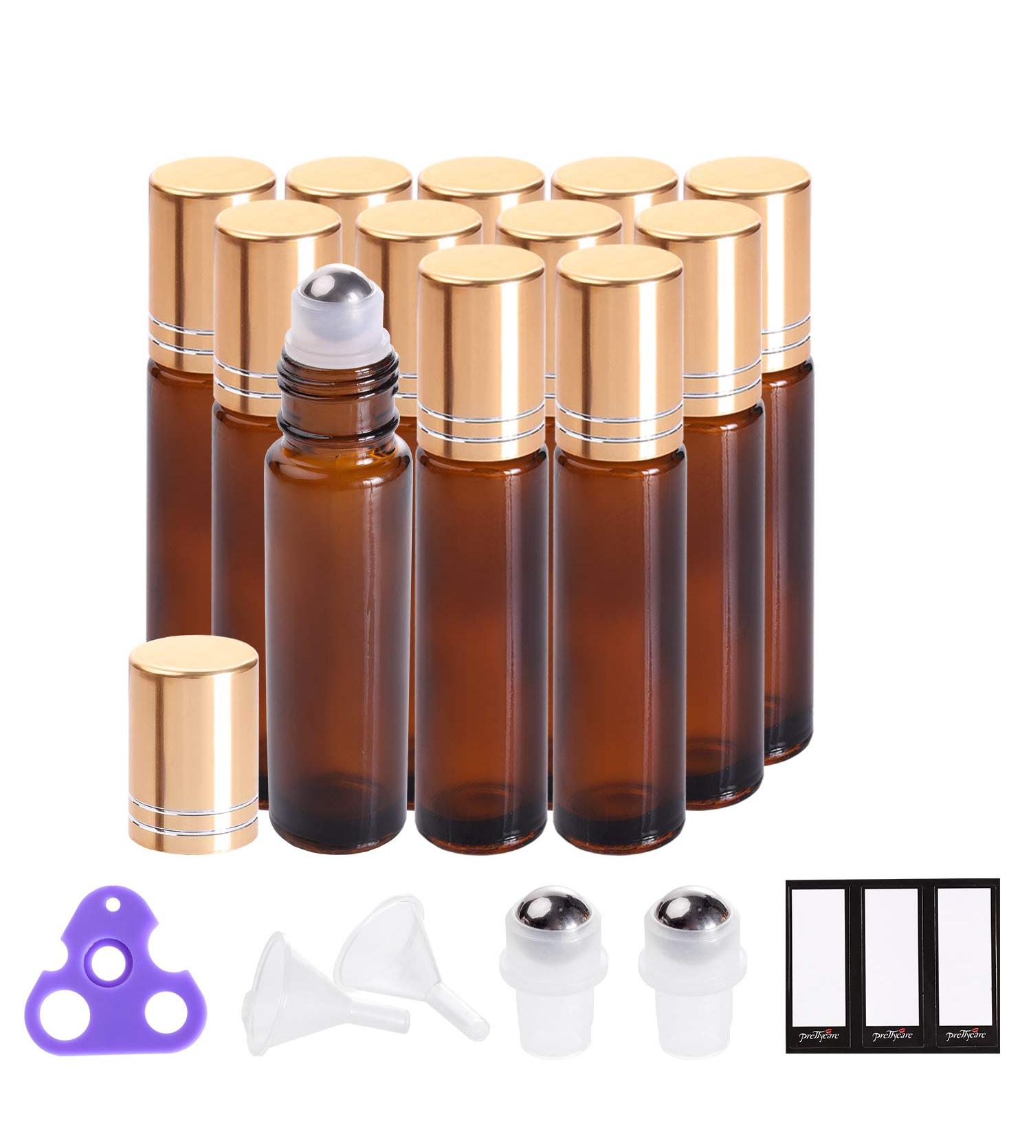 PrettyCare 10ml Amber Glass Roller Bottles - 12 Pack with 2 Extra Roller Balls, 24 Labels, Opener, 2 Funnels | Essential Oil Roll on Bottles for Aromatherapy - Buy Online on GoSupps.com