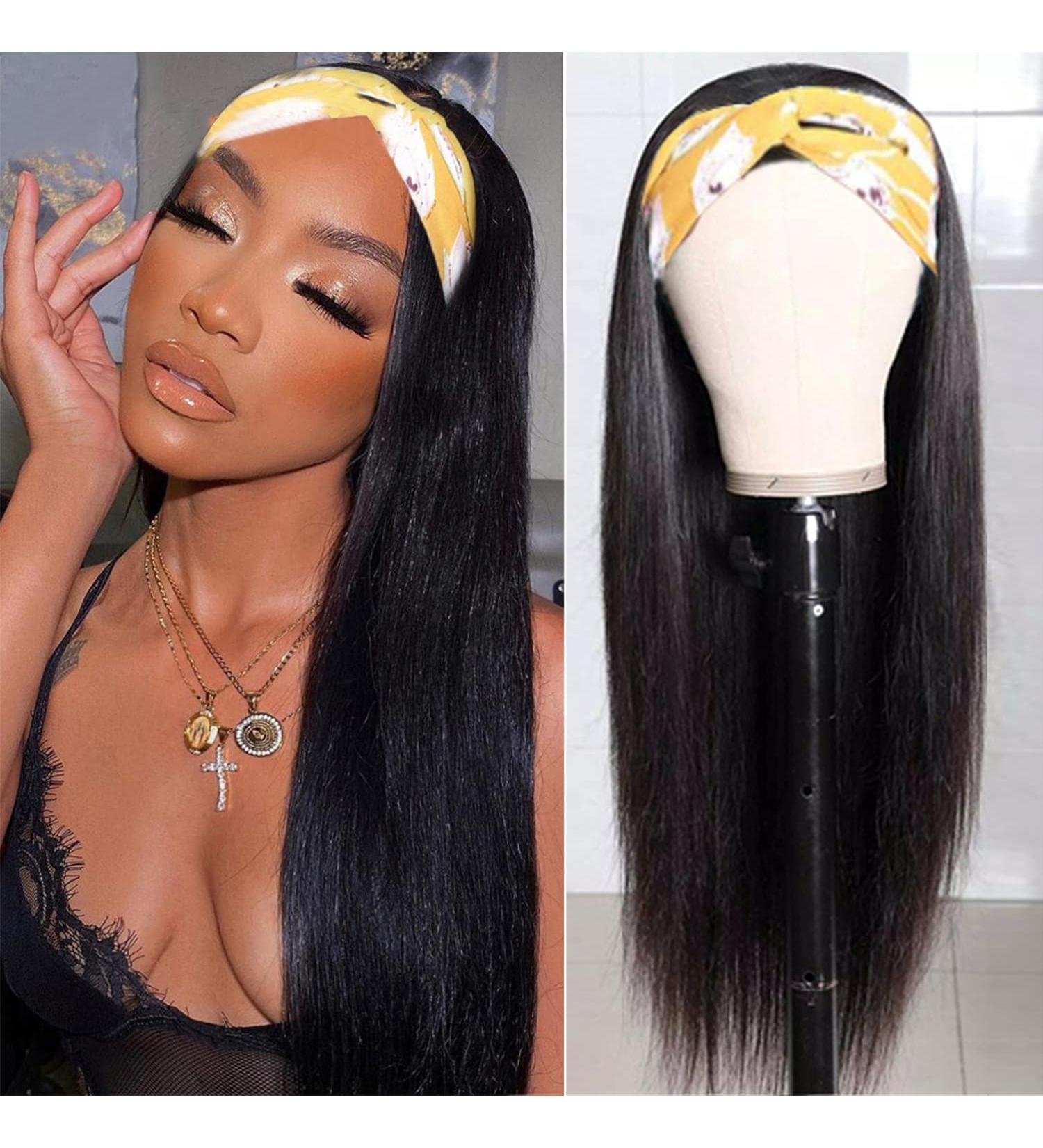 Utrue Headband Wig Human Hair Straight 20 for Black Women - Brazilian Virgin Hair, Machine Made, Natural Black Color - Buy Online on GoSupps.com