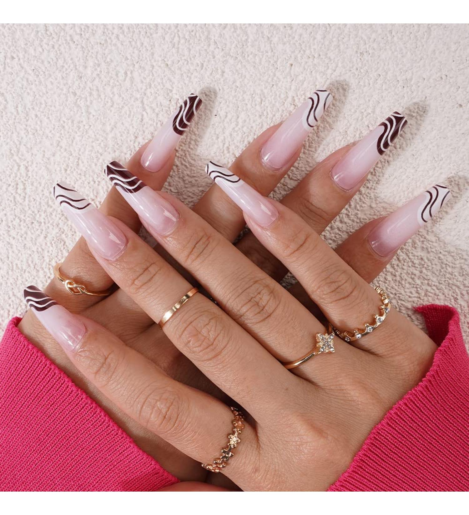 Xerling French Glitter Rhinestone Press-On Nails | Blue Heart Coffin Design | Long Fake Nails for Women & Girls | 24Pcs - Buy Online on GoSupps.com