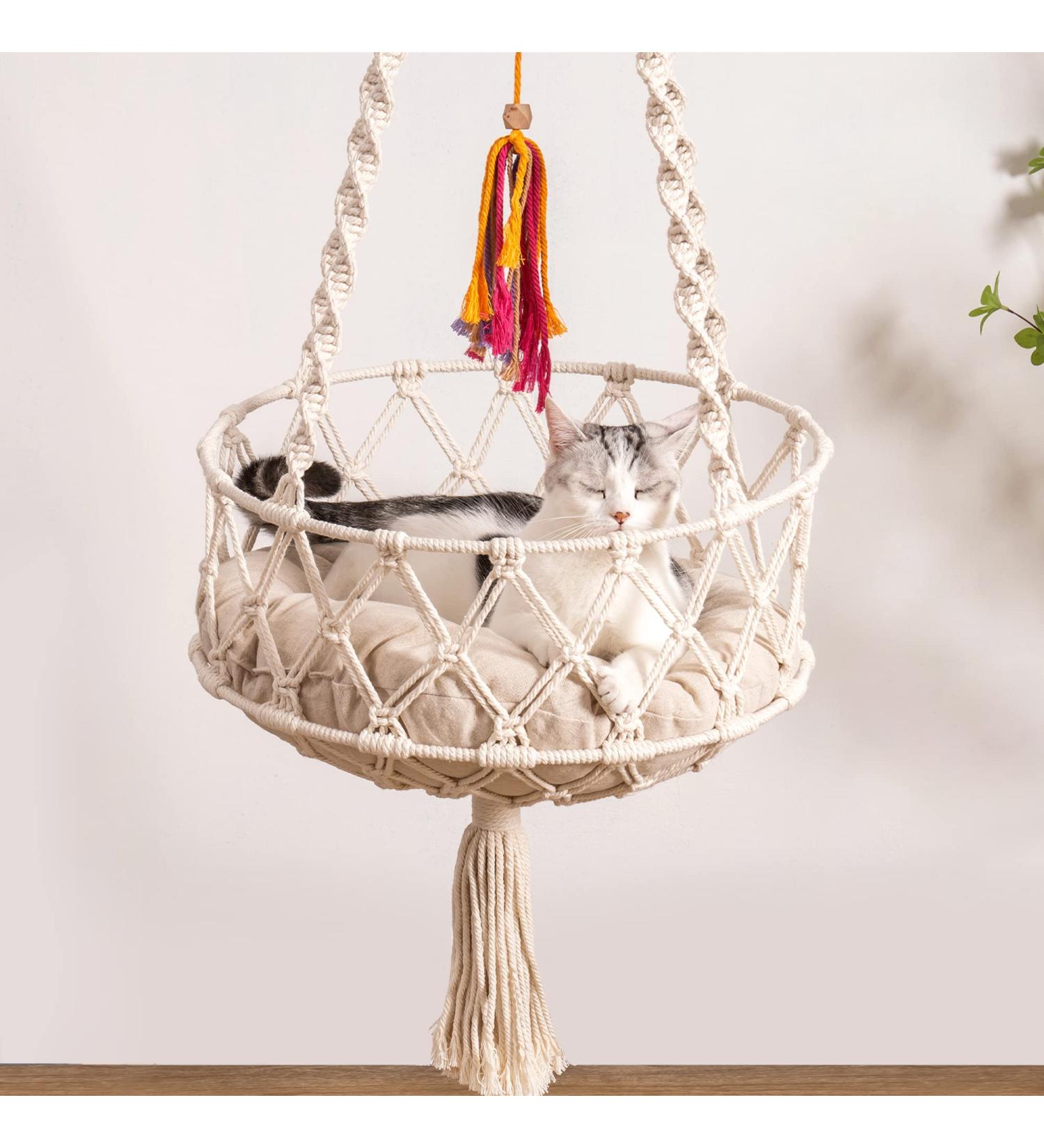 Macrame Cat Hammock Bed - Space Saving Window Perch with Cotton Mat & Toy - Buy Online on GoSupps.com