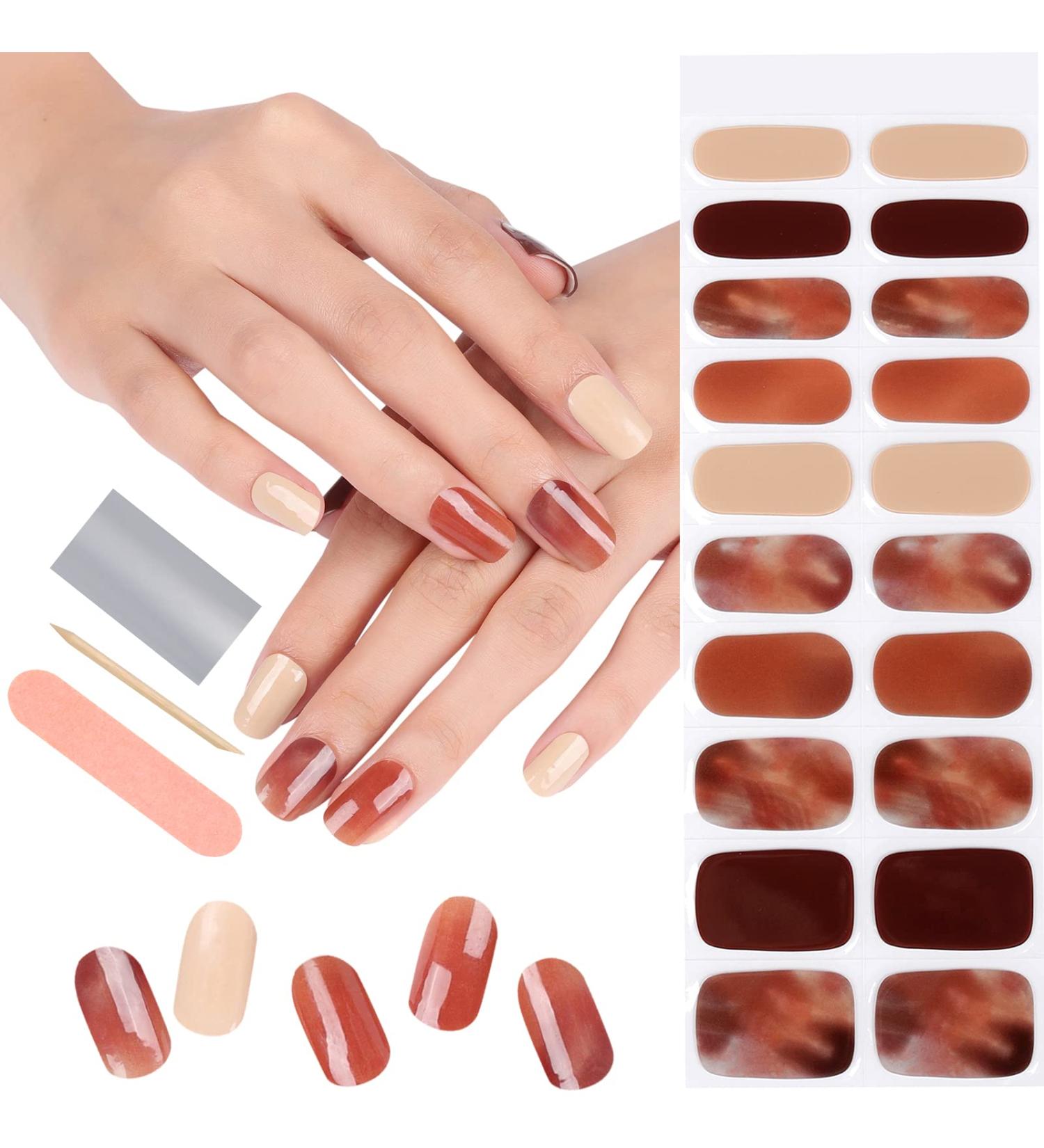 EBANKU Semi Cured Gel Nail Strips - 20 Brown Stickers with Nail File Stick and Sealing Strip | Adhesive Wraps for Gel Polish (UV/LED Lamp Required) - Buy Online on GoSupps.com