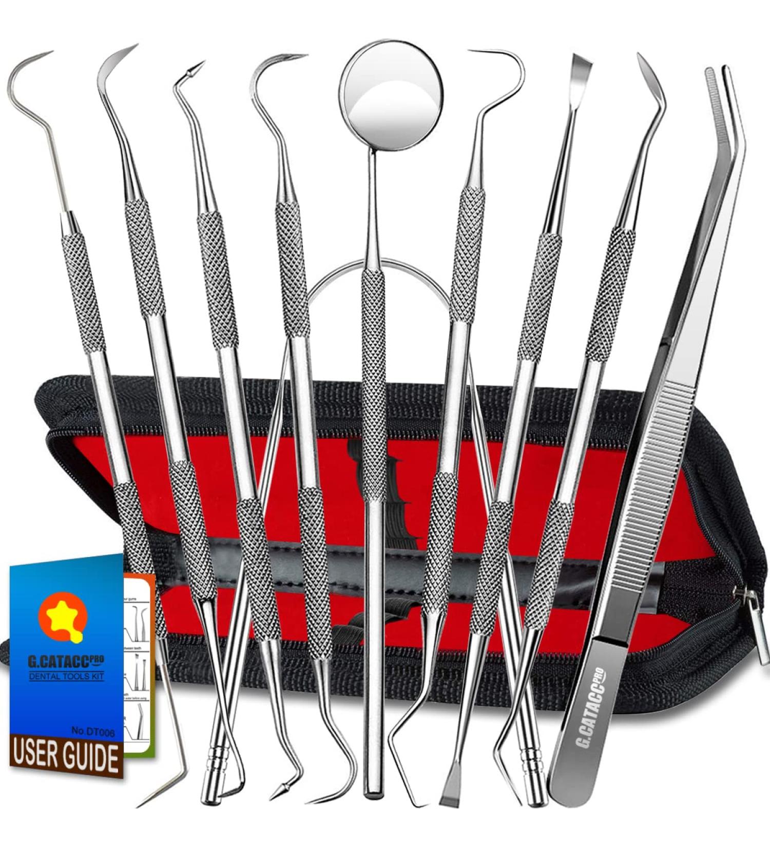 Dental Tools 10 Pack Professional Plaque Remover Set with Case - Stainless Steel Oral Care Kit for Teeth Cleaning, Tartar Scraper, Tooth Scaler, Tongue Cleaner - Black - Buy Online on GoSupps.com