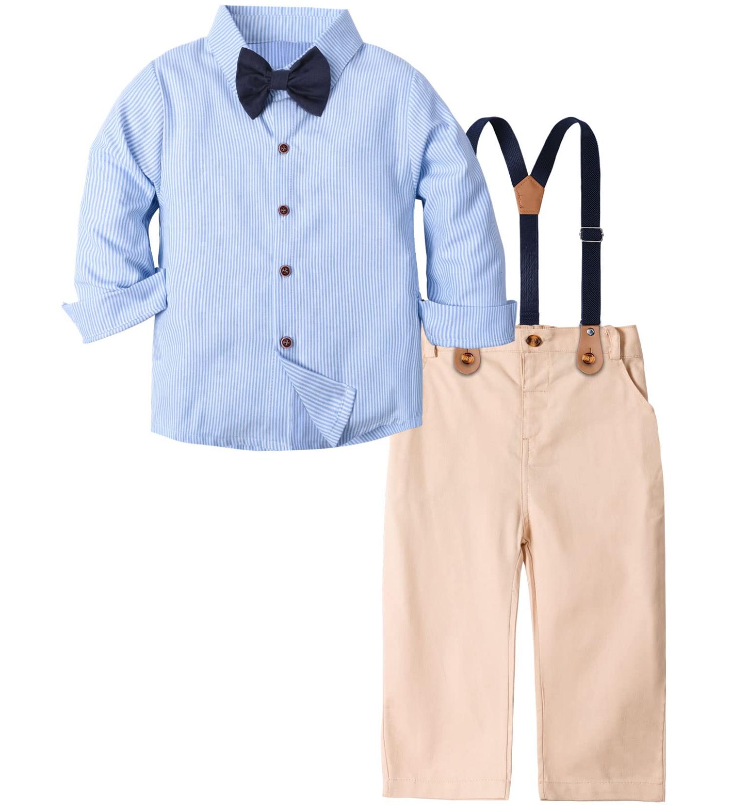 Mint Green Baby Boy Wedding Outfit Set | 4pcs Gentleman Suit with Striped Shirts, Trousers, Suspenders, Bowtie | 18-24 Months Light Blue - Buy Online on GoSupps.com