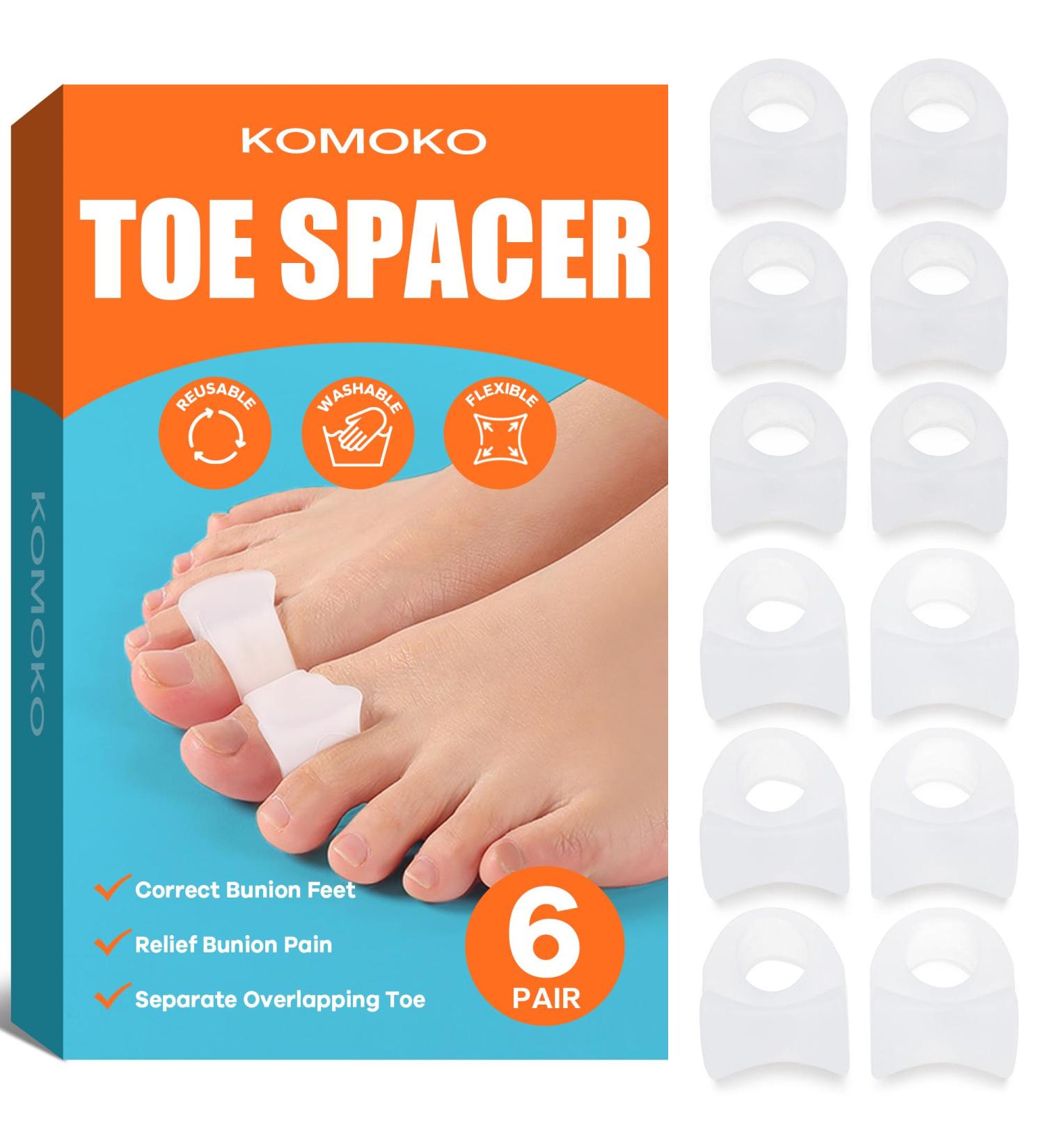 Komoko Toe Spacers - 6 Pairs Bunion Corrector & Toe Separators for Men & Women | Relieve Fatigue & Hammer Toe Straightener - Buy Online on GoSupps.com