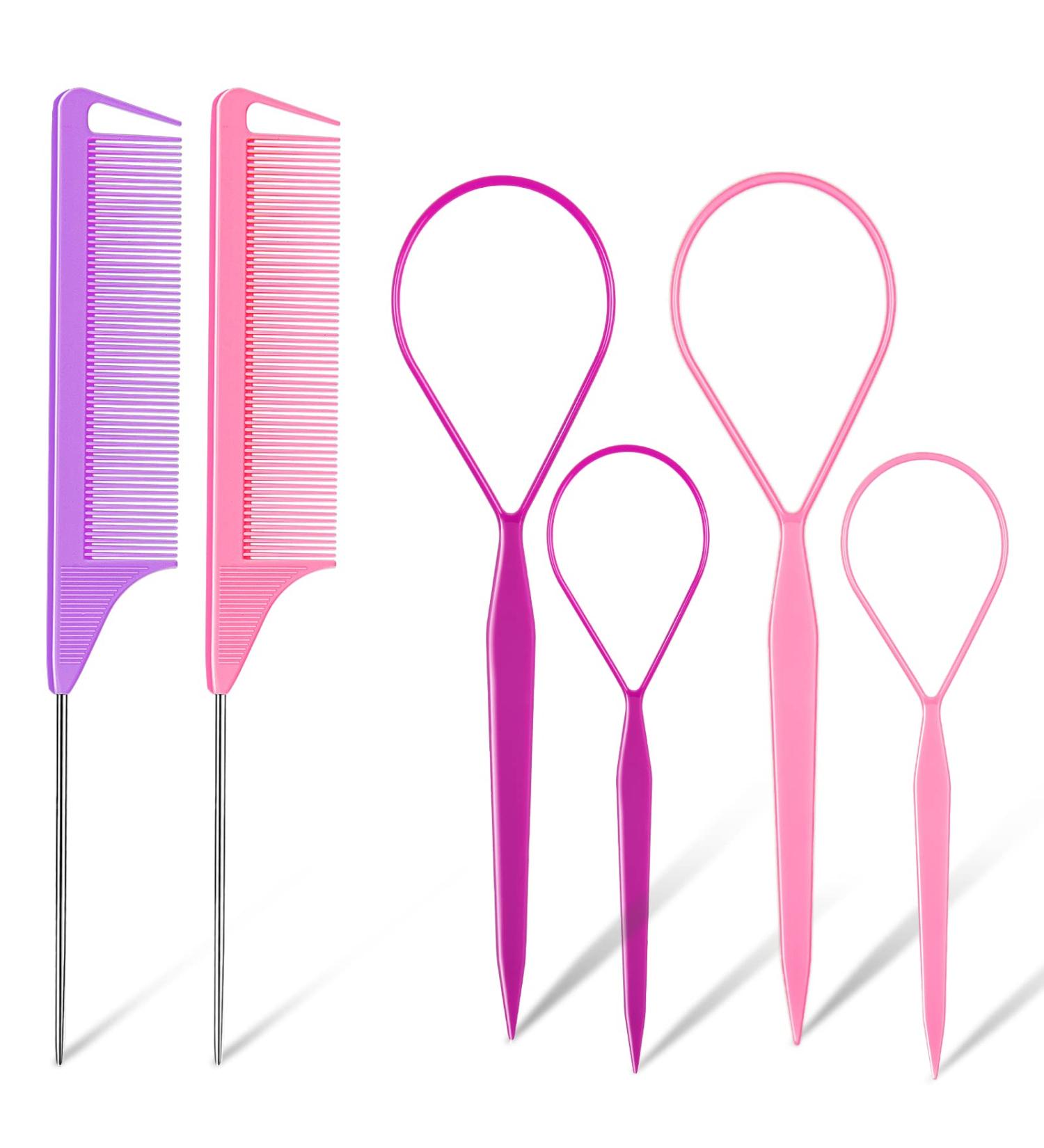 TsMADDTs 6Pack Hair Loop Tool Set with French Braid Tool, Rat Tail Comb Purple & Pink - Buy Online on GoSupps.com