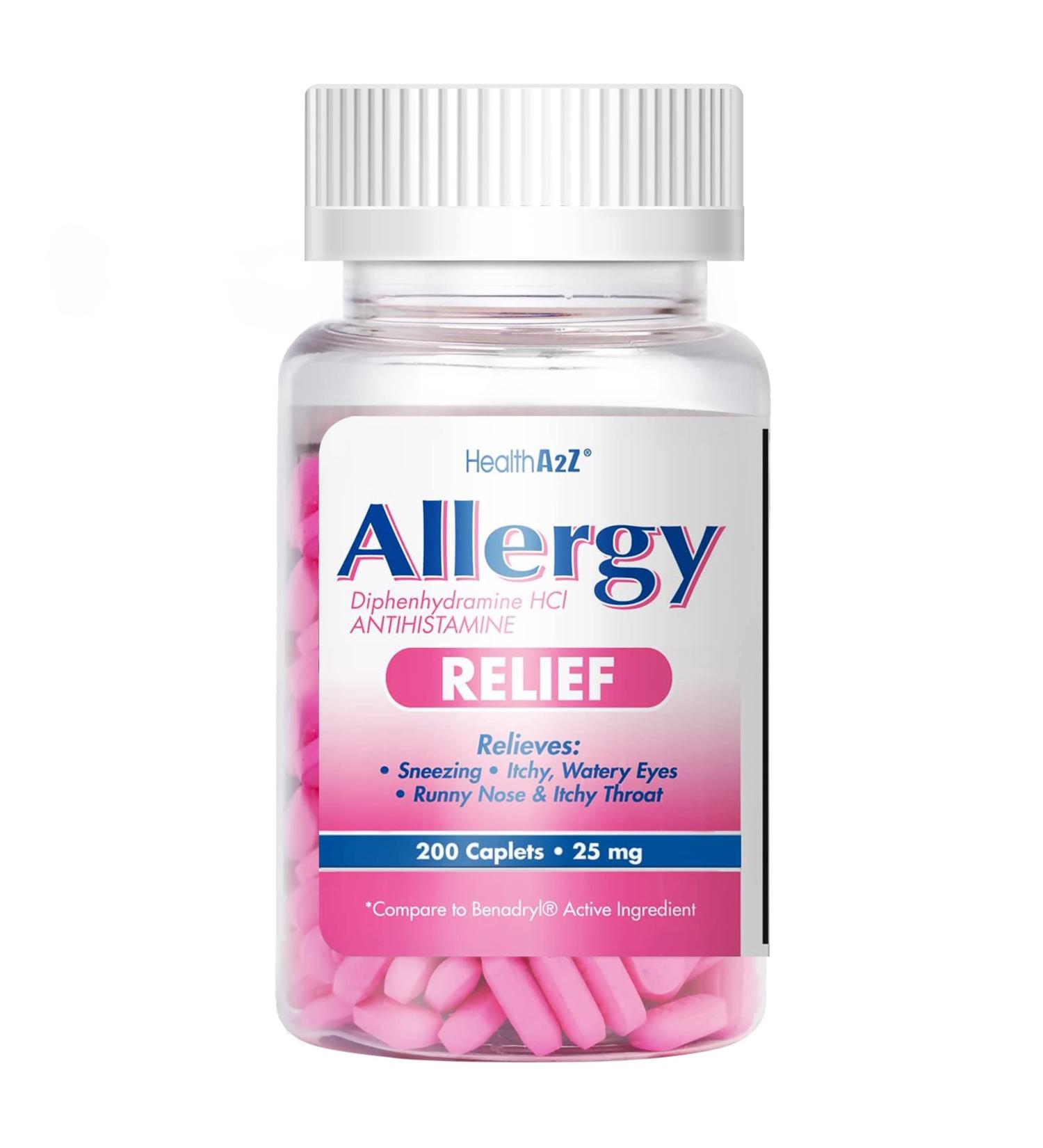 HealthA2Z Allergy Relief | 200 Caplets, Diphenhydramine HCL 25mg Antihistamine | Relieves Itchy Throat, Sneezing & Runny Noses from Indoor & Outdoor Allergies - Buy Online on GoSupps.com