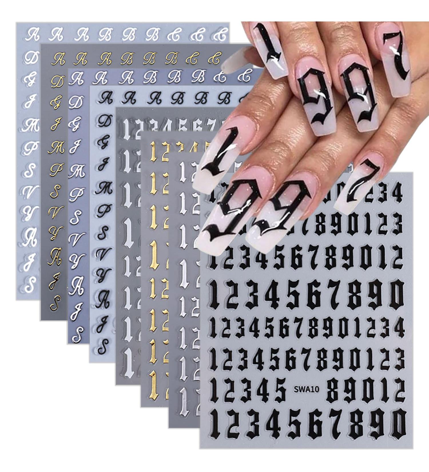 Buy 3D English Alphabet Number Nail Stickers - 8 Sheets Self-Adhesive Nail Decals in Black White Gold & Silver | DIY Nail Art for Women - Buy Online on GoSupps.com