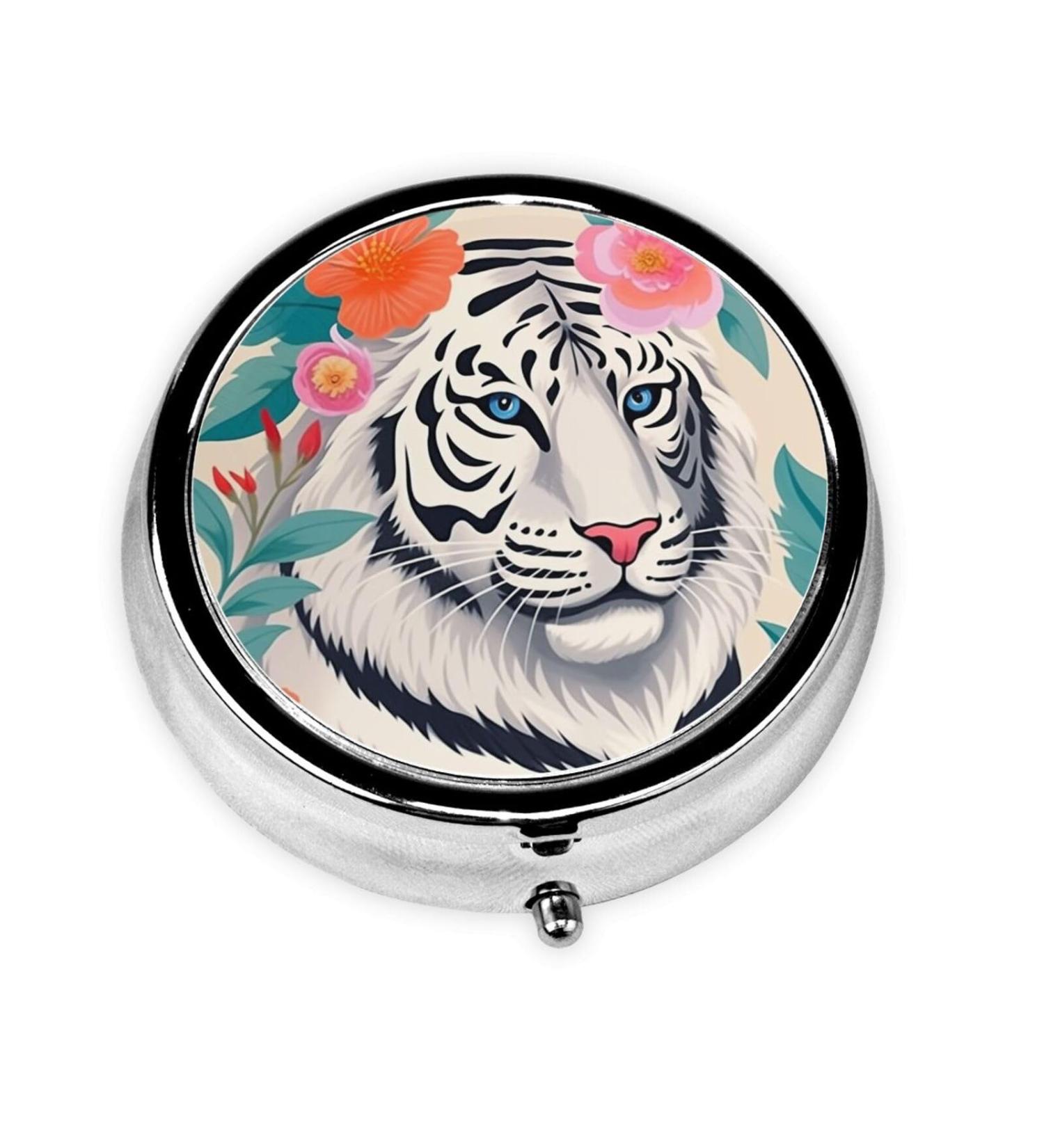 Cute White Tiger Portable Metal Pill Box - Round Mini 3-Compartment Design | Travel Must-Have for Small Pills - Ships Internationally - Buy Online on GoSupps.com