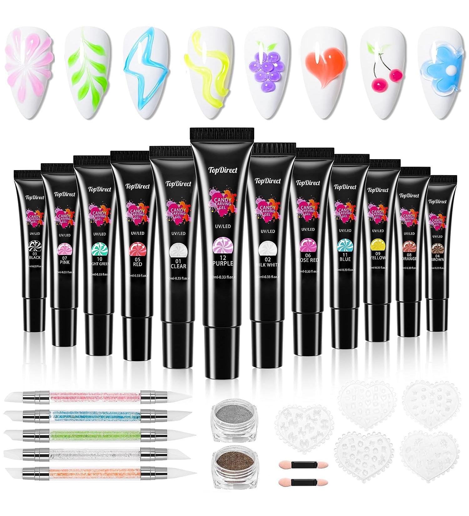3D Gel for Nails TopDirect: 12 Colours Builder & Sculpture Gel Set with Silicone Brushes, Mirror Powder, Stencils - DIY Manicure Kit - Buy Online on GoSupps.com