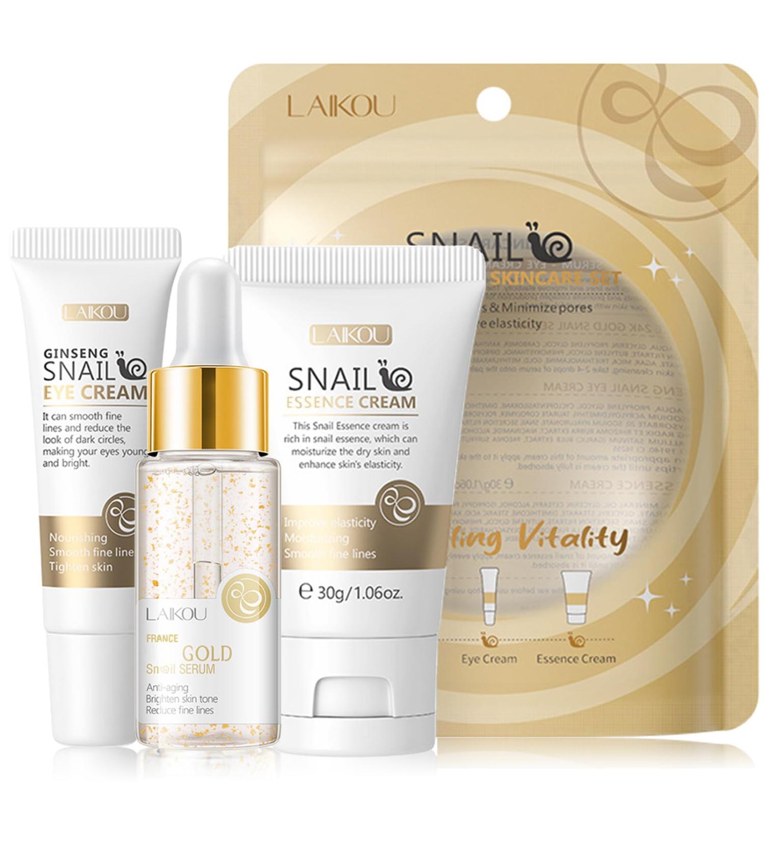 Snail Mucin Travel Skincare Set - 3 in 1 Gold Serum Eye Cream & Moisturizer | Improve Skin Elasticity & Minimize Pores | International Shipping Available - Buy Online on GoSupps.com