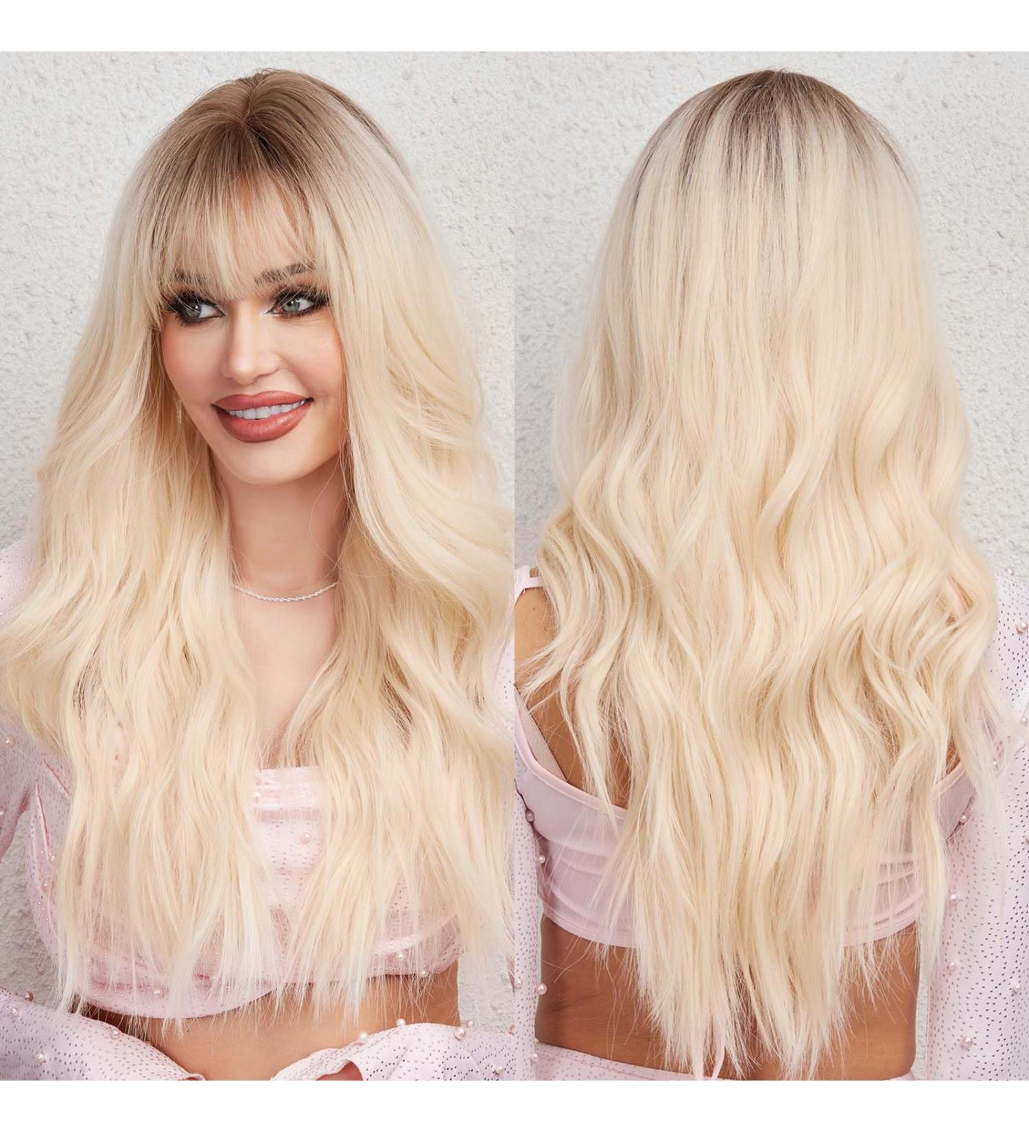 EMMOR Ombre White Curly Synthetic Women's Wig with Bangs - Long Heat-Resistant Daily Wear Wig - Buy Online on GoSupps.com
