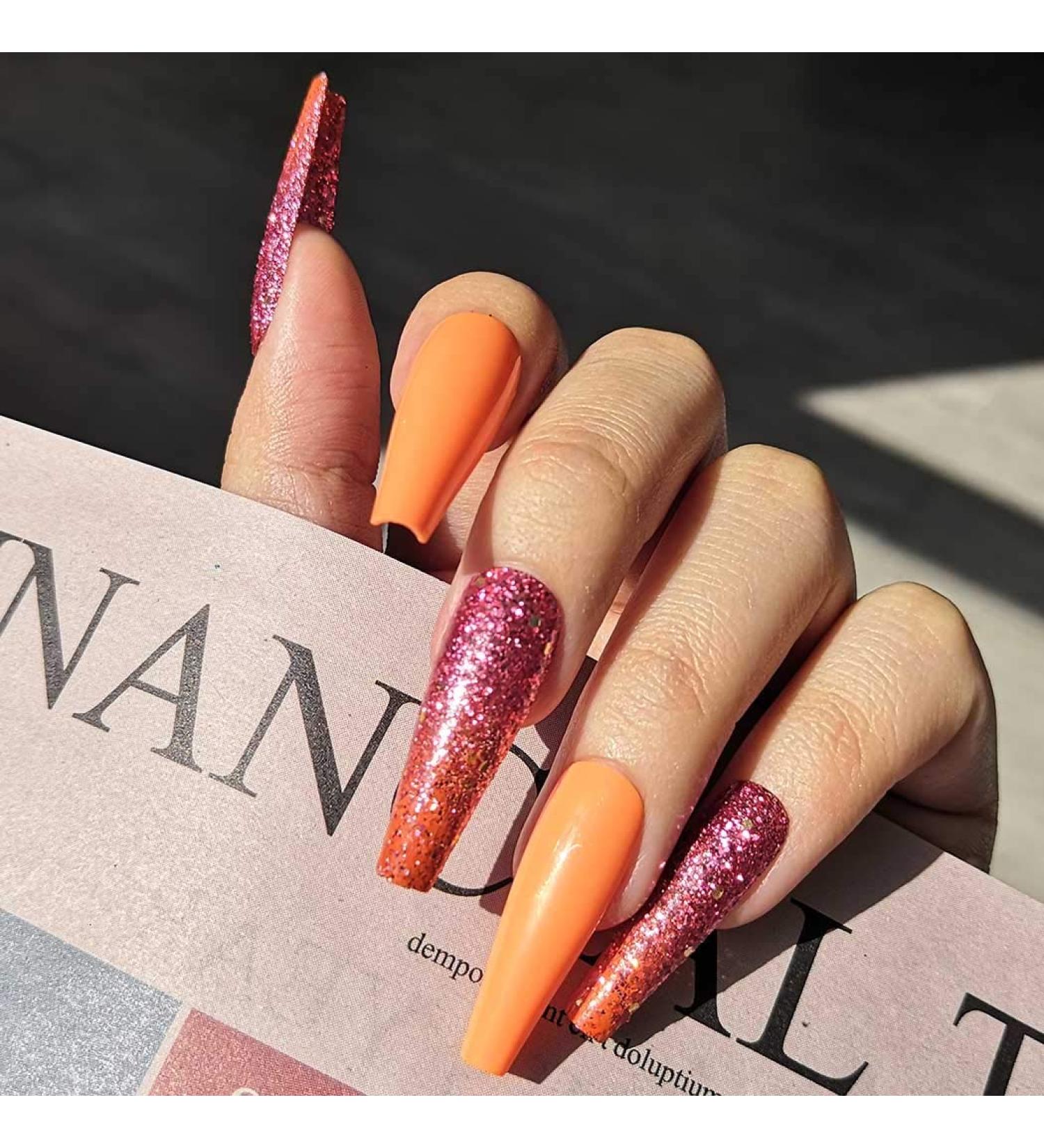 Sethain Glossy Glitter False Nails Green Fake Nail Rhinestone Long Full Cover Coffin Press on Nails for Women and Girls (Orange) - Buy Online on GoSupps.com
