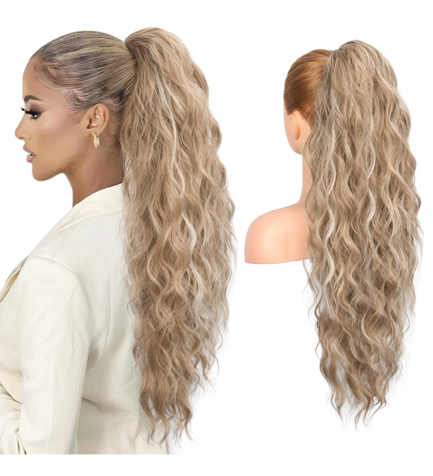 REECHO 26 Long Beach Wave Drawstring Ponytail Extension - Dark Blonde with Highlights | Synthetic Hairpiece for Women - Buy Online on GoSupps.com