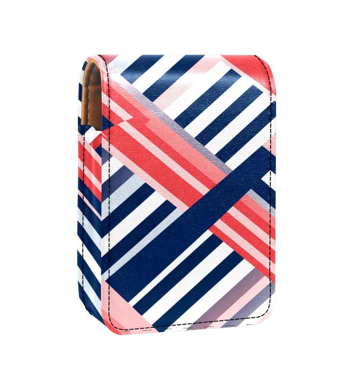Travel Lipstick Organizer Case - Portable Makeup Bag with Mirror - Blue & Red Stripes - Ideal for International Shipping - Buy Online on GoSupps.com
