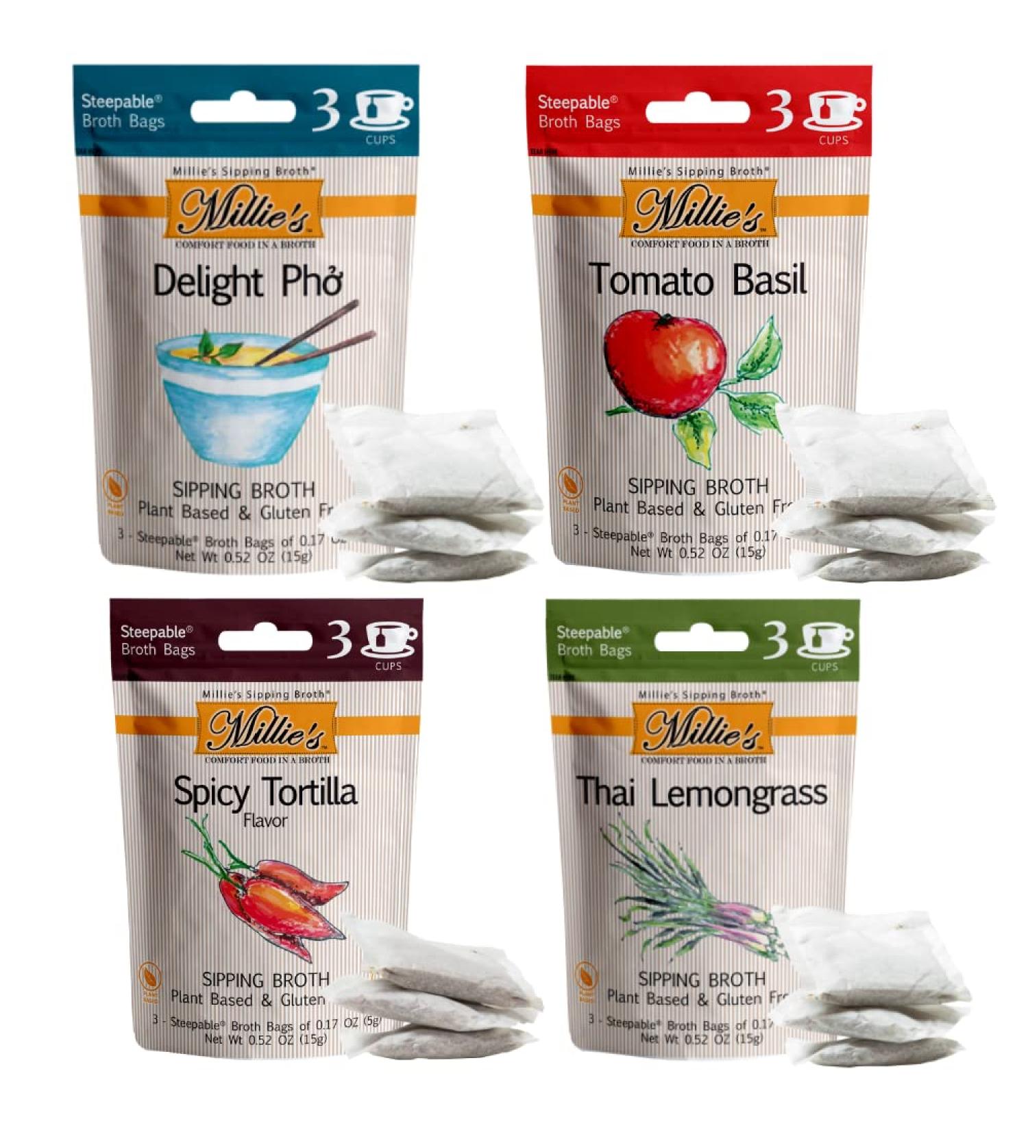 MILLIE'S SIPPING BROTH Steepable Vegetable Broth with Savory Seasonings for Snack Urges | Vegan  Keto  Gluten Free  Intermittent Fasting  and natural | (4 Pack Assortment - 12 Broth Bags Total) - Buy Online on GoSupps.com