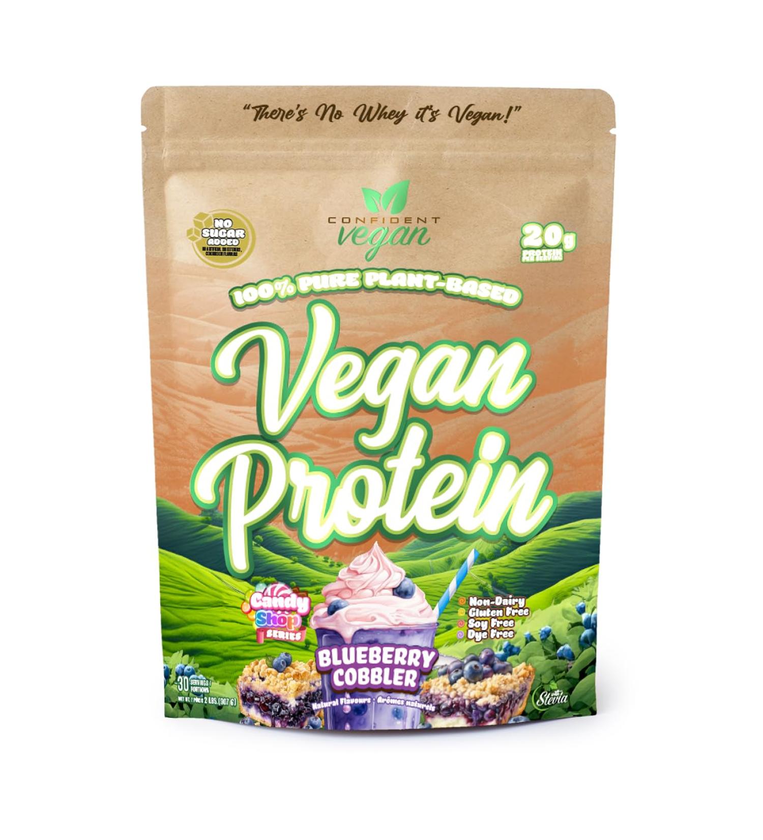 CONFIDENT VEGAN 100% Pure Plant-Based VEGAN PROTEIN Gluten Free No Added Sugar - 20g of Delicious Protein Per Serving BLUEBERRY COBBLER 2 Pound 30 Servings - Buy Online on GoSupps.com