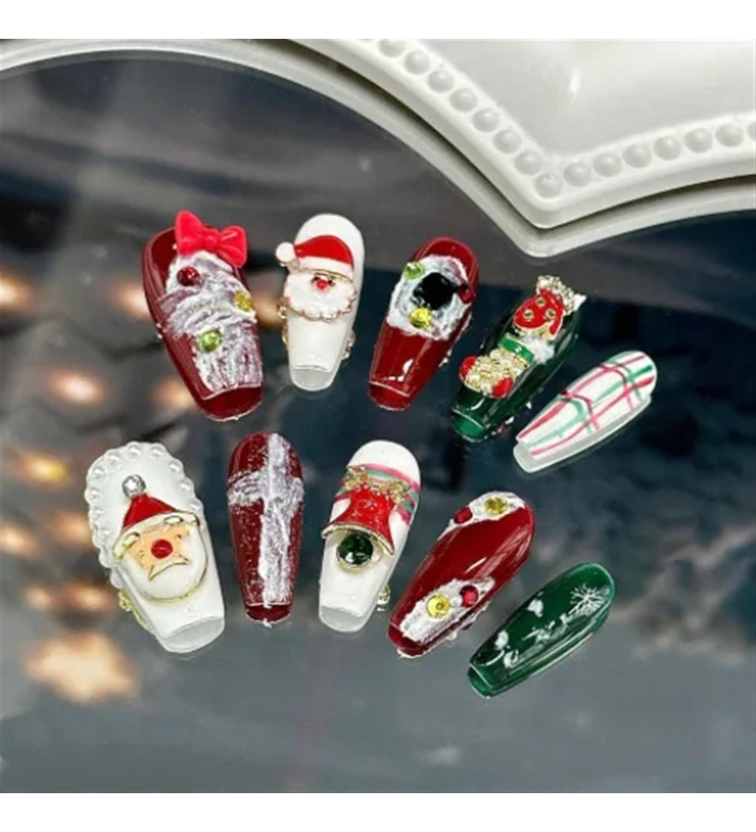 Nails Nail Tips Nails Set Press On Nails Handmade Full Cover Santa Claus Fake Fingernails With Designs Professional Nails Set(A176-XS)