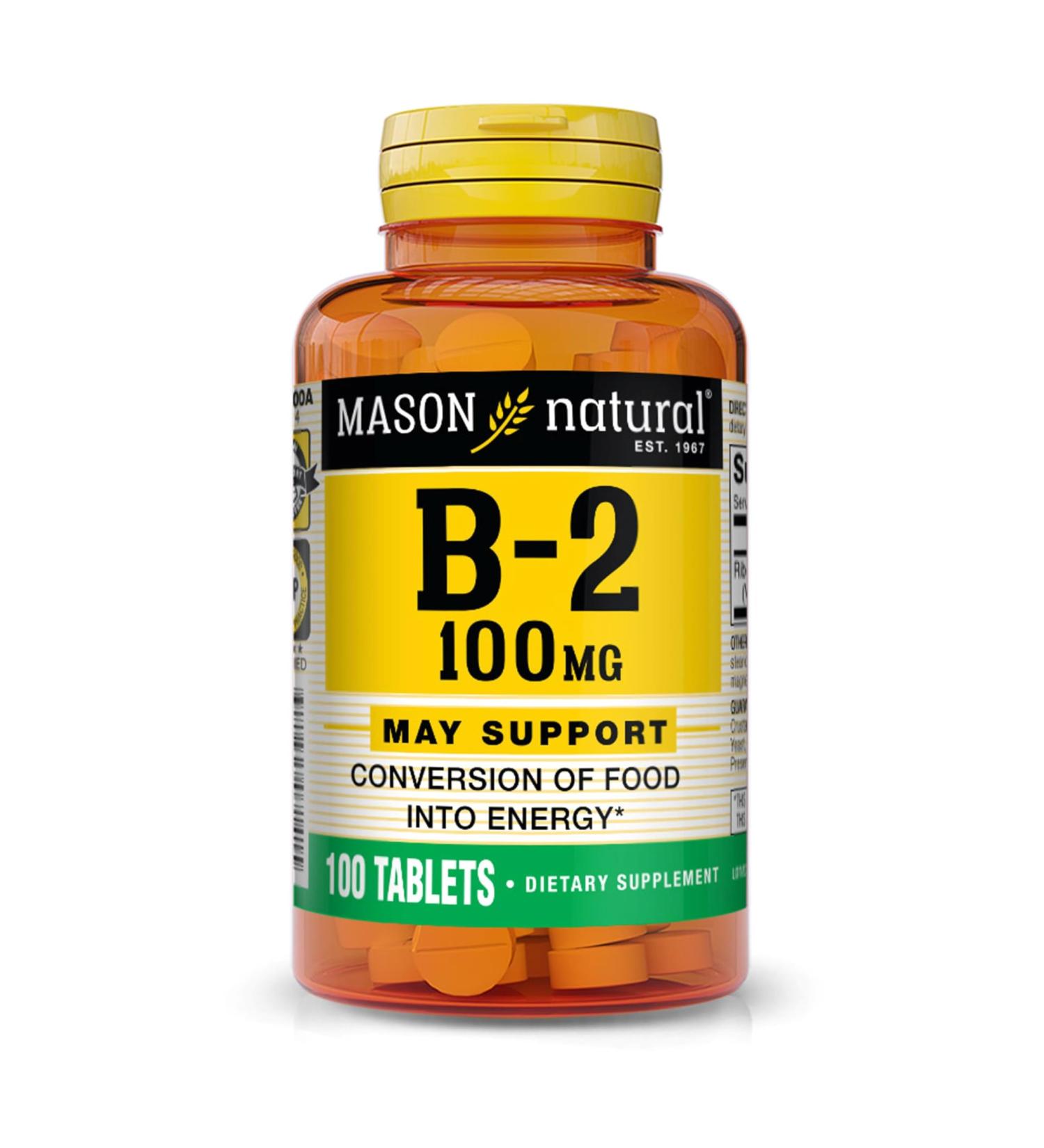 MASON NATURAL Vitamin B2 (Riboflavin) 100 mg Daily Dietary Supplement to Support Normal Energy Production & Overall Wellness 100 Tablets (Pack of 1)