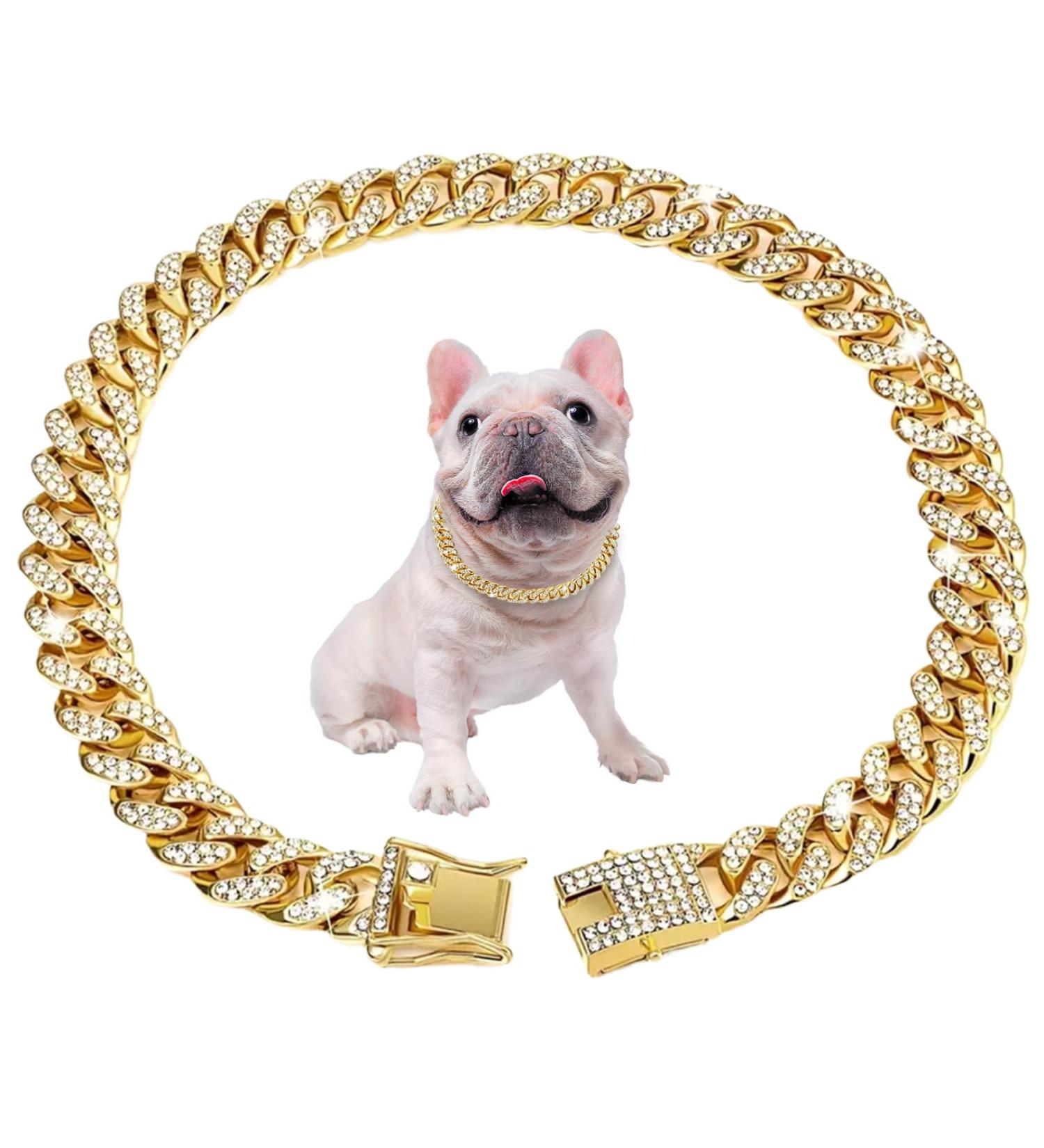 Cuban Connection Dog Collar - 17.7 Cuban Link Chain Alloy Diamond Gold Bling Jewelry for Dogs & Cats - Buy Online on GoSupps.com