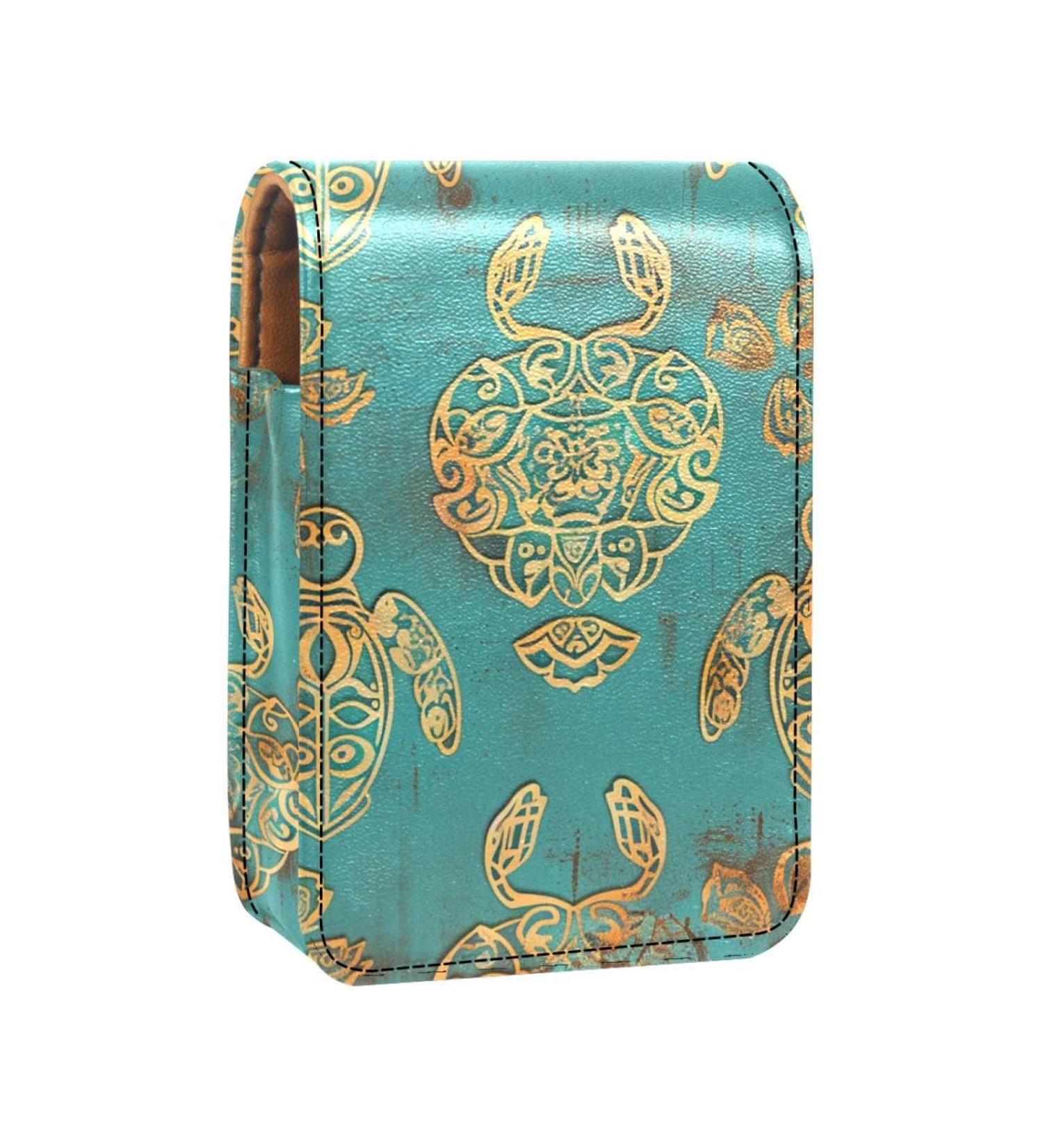 Travel Lipstick Organizer Case | Portable Makeup Bag with Mirror | Ethnic Style Golden Sea Turtle Design - Shop Internationally - Buy Online on GoSupps.com