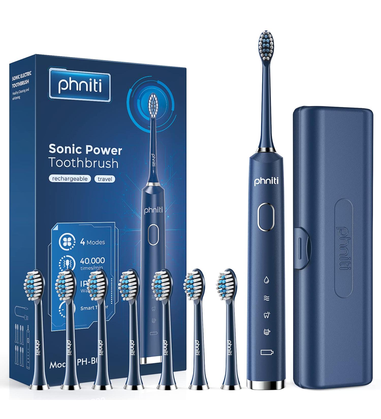 Phniti Sonic Electric Toothbrush for Adults - 8 Brush Heads, Fast Charge, 4 Modes, 40,000VPM, Waterproof (Blue) - Buy Online on GoSupps.com
