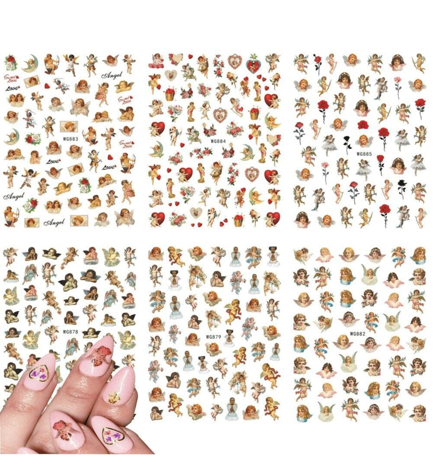 Valentines Day Angel Nail Art Stickers 6 Sheets Self-adhesive Nail Decals Heart Design Manicure Tips Nail Decor for Women Girls - Buy Online on GoSupps.com