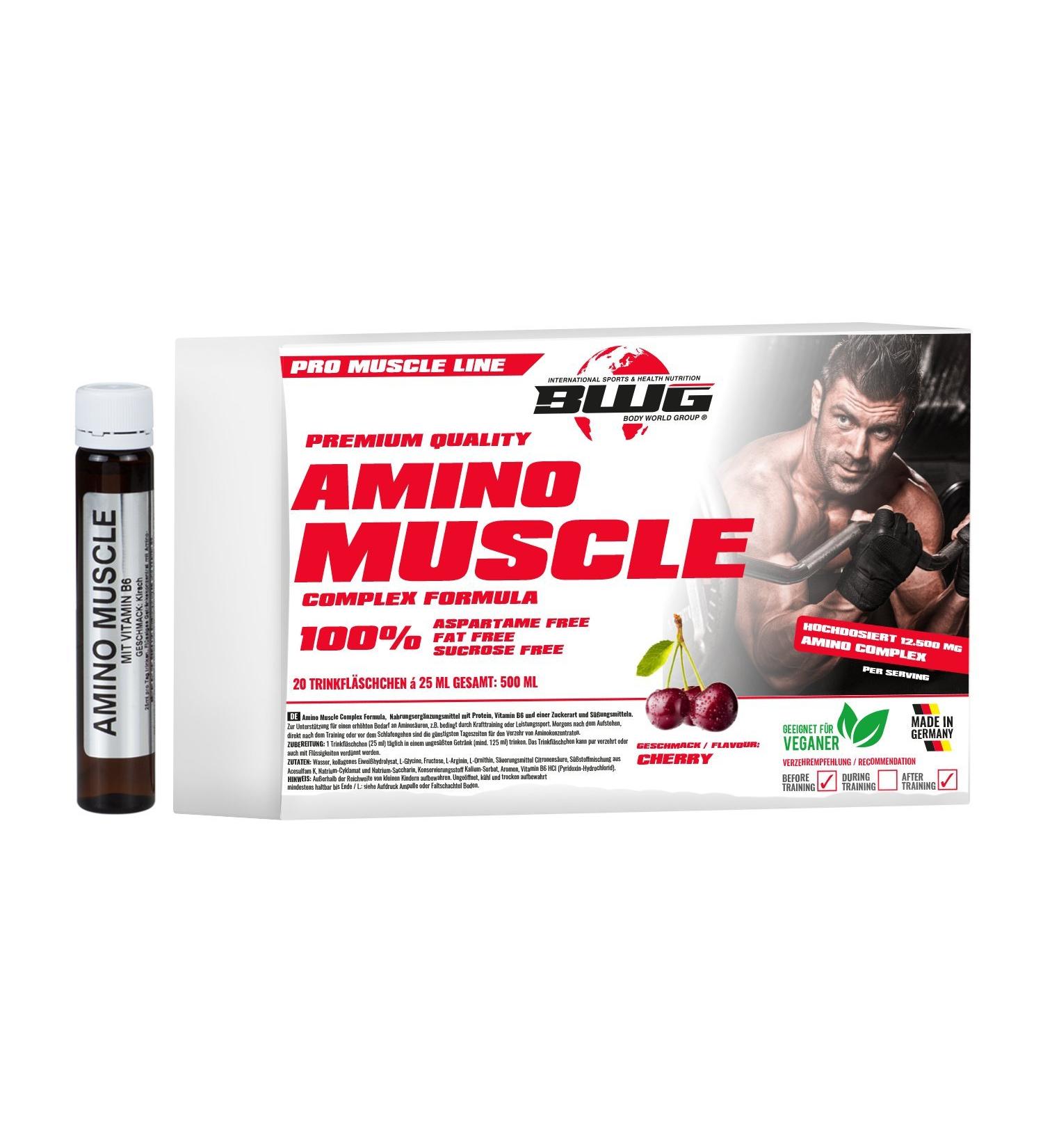 Buy BWG Amino Muscle Complex Formula - Vitamin B6 & Cherry 20 x 25ml Liquid Ampoules 500ml - International Shipping Available - Buy Online on GoSupps.com