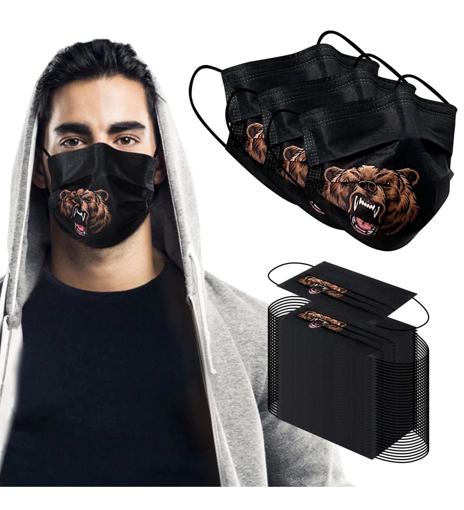 100Pcs Men's Bear Head Printed Disposable Face Masks - Animal Print Safety Masks for Men | 3 Ply Black Design - Buy Online on GoSupps.com