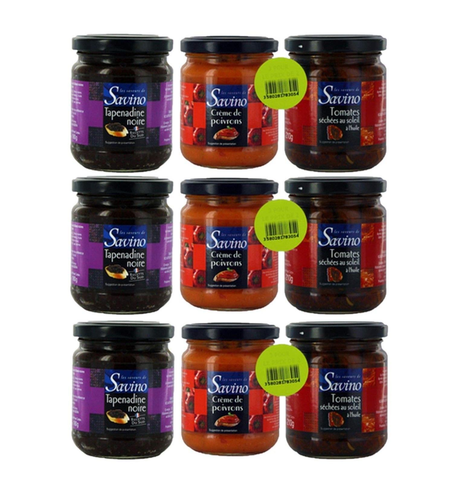 Set of 3 x 180 g – Tapenadine Black Olivade + Pepper Cream + Sun-Dried Tomatoes in Oil Les Saveurs de Savino