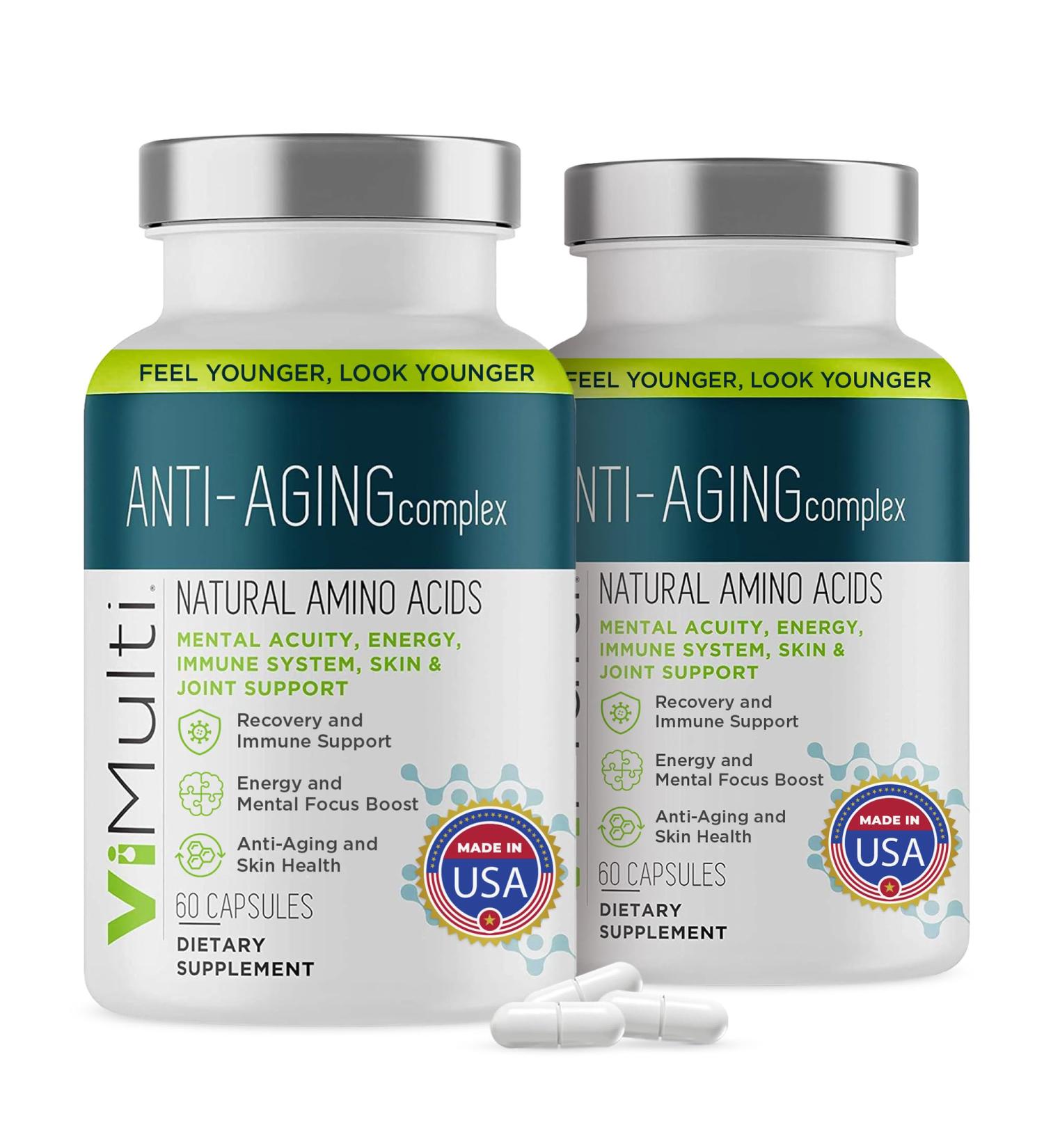 vimulti Anti-Aging Natural Amino Acids Supplement for Women & Men Supports Immune Health Energy Smoother Skin Tone & Restorative Sleep Anti-Aging Supplement Pills for Longevity 60 Caps 2 Pack - Buy Online on GoSupps.com