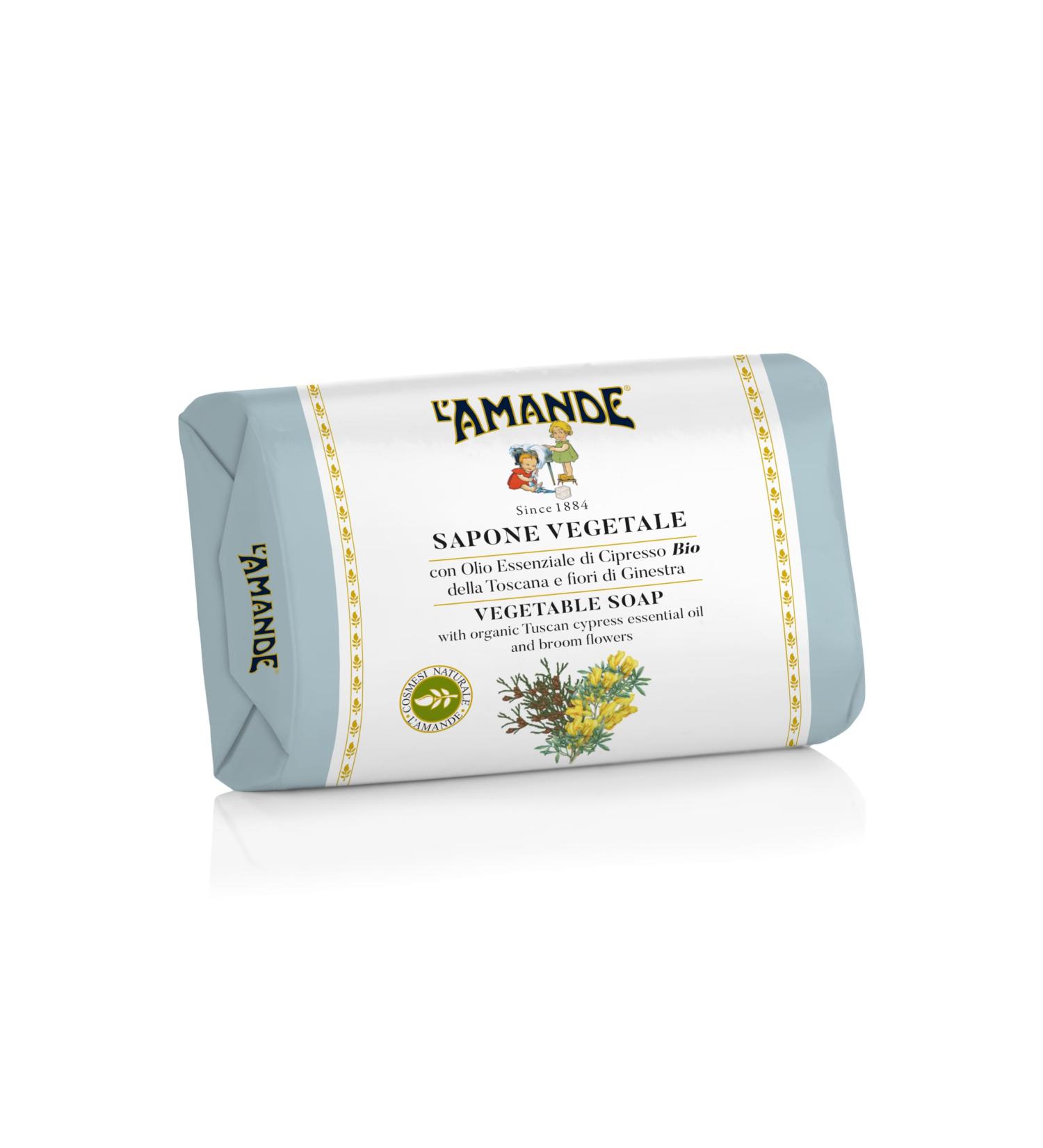 L'Amande L'AMANDE - Soap for delicate vegetable hands sensitive skin with organic cypress essential oil from Tuscany energizing cleansing soap scented free alkali free floral and delicate aroma 200