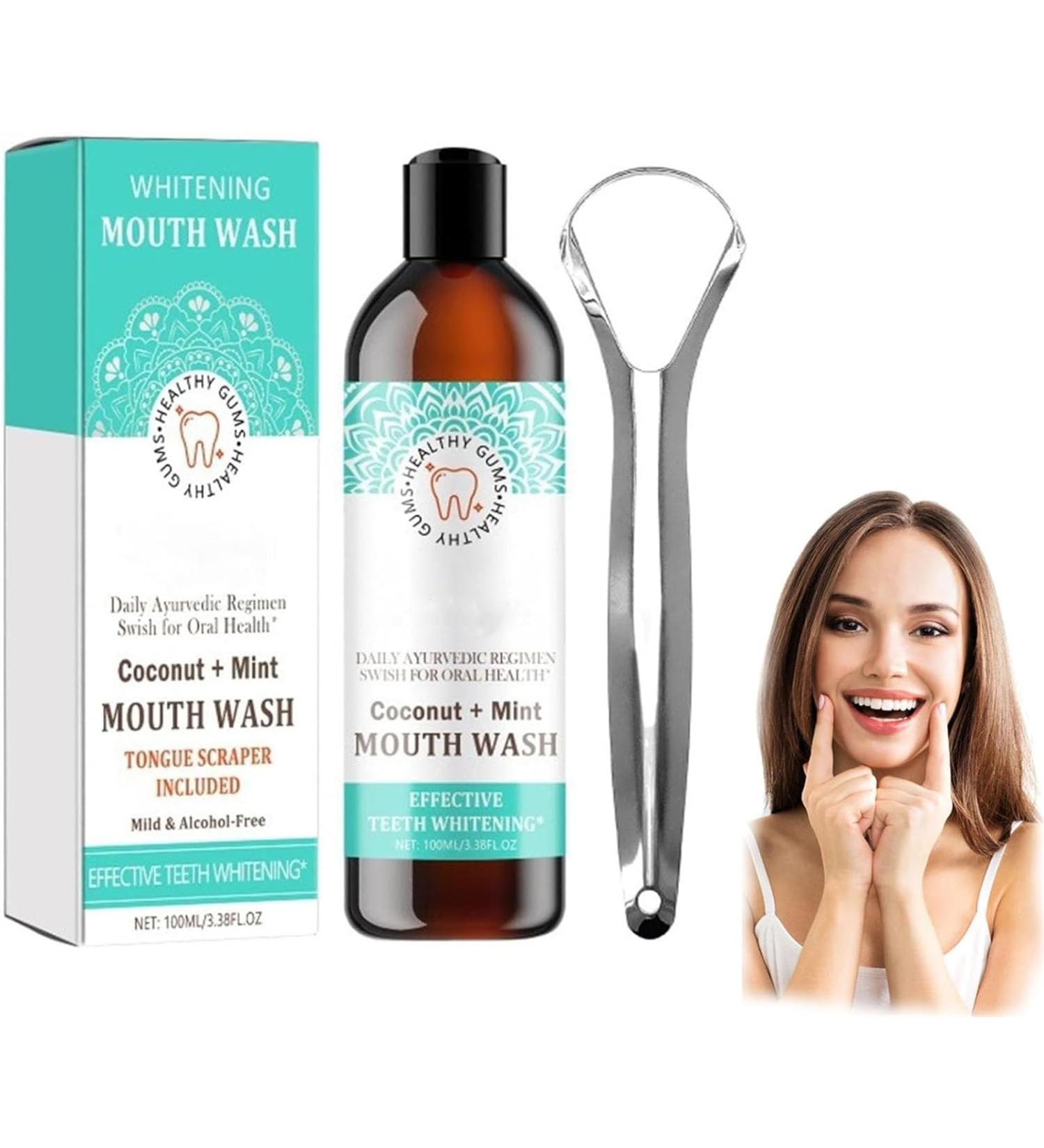 Coconut Mint Mouthwash Teeth Whitening Mouthwash Fresh Breath Tongue Scraper Mouthwash Set for Healthier Teeth and Gums - Buy Online on GoSupps.com