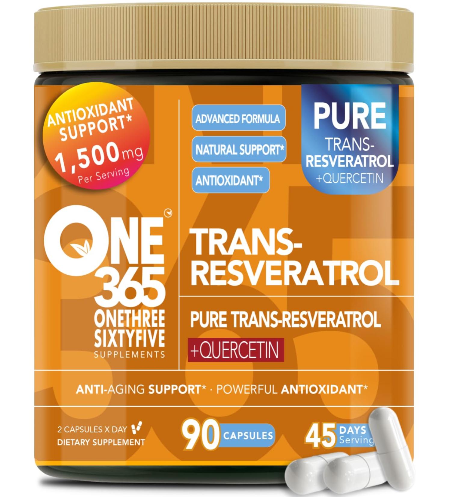 ONE 365 Trans Resveratrol Supplement with Quercetin Antioxidant and Healthy Aging Support Promotes Health Cellular Heart Brain & Immune Function 1500mg Vegan Natural Capsules 90 Count - Buy Online on GoSupps.com