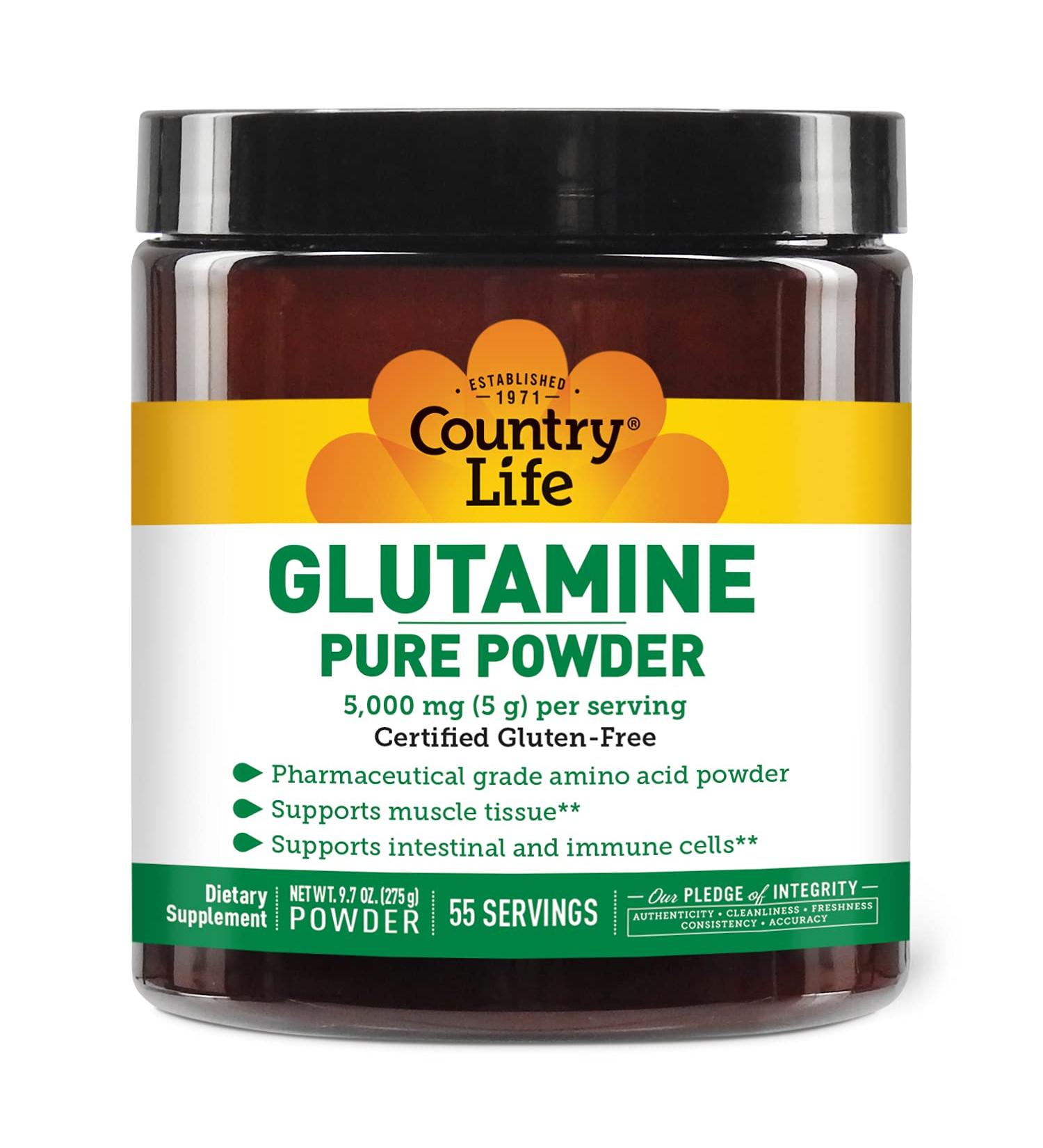 Country Life Glutamine Pure Powder - 5000mg L-Glutamine - Muscle Tissue Gut Health Immune Support - Gluten-Free Certified - Ideal Pre/Post Workout Amino Acid Supplement 55 Servings 9.7oz - Buy Online on GoSupps.com